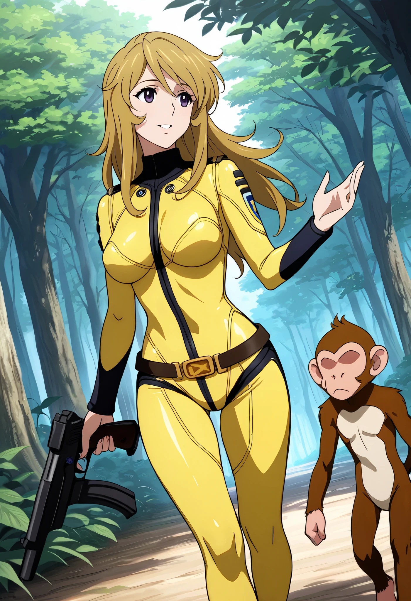 (masterpiece, best quality), , 1girl, fyuk1, solo, mori yuki, blonde hair, purple eyes, long hair, yellow_bodysuit , a relieved face, smile, parted lips, looking away , outdoor, day, forest, walking, gun, holding gun, hand up, 1girl, 1boy (monkey, faceless, walk from girl's side), size difference, larger female.