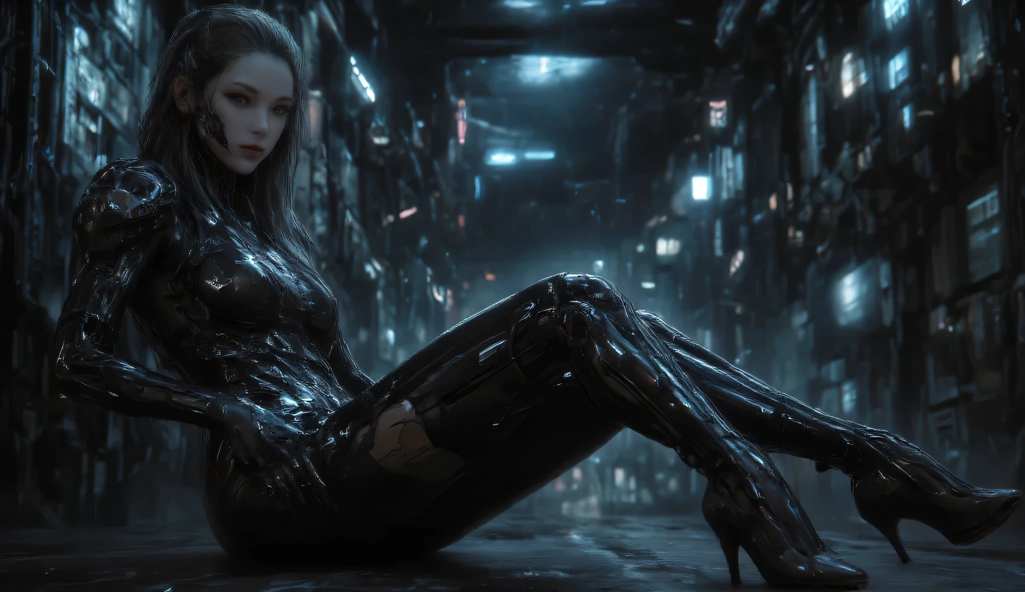 woman,custom latex,face detail,skin raelistic and super detail,hih heels,cyberpunk,pose elgean