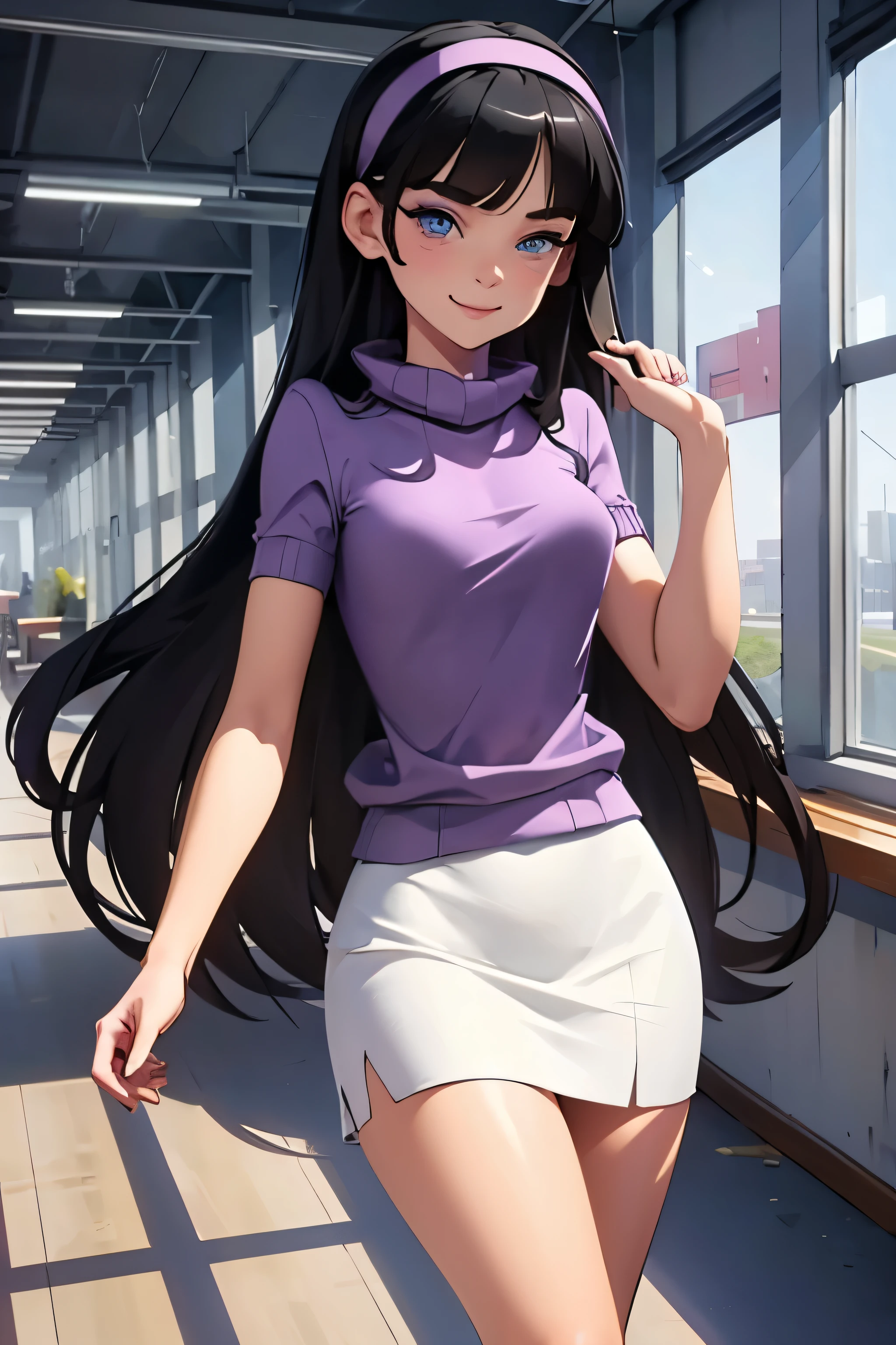 masterpiece, best quality, detailed,Super high quality,perfect anatomy,beautiful light and shadow, ,Beautiful white skin ,long black hair,blue eyes,slim,young,woman in her late 10s ,1girl,Trixie tang, smiling to camera, high quality, 8k digital painting, wearing a purple long neck sweater, white skirt, white long boots, purple hairband, detailed blue eyes, at high school corridor,