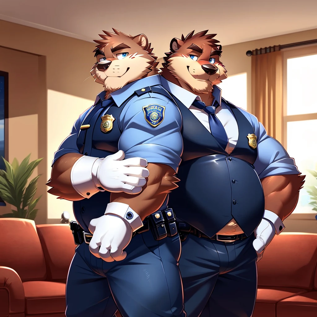 Male, fat, extremely obese, gentleman, dapper Typhlosion, pooping in diaper, blue eyes, (soft shading), 4k, hi res, ((detailed face, detailed)), looking at viewer, evil grin, Airport, TSA, TSA Uniform, collared shirt with buttons, hat, male focus, Police Uniform, glasses, monocle, vest with buttons, sleeves rolled up, round eyewear, headwear, vest, Typhlosion is wearing a glossy leather dog collar around the neck, Typhlosion is wearing the leather collar and shirt and vest at the same time, Typhlosion is wearing glossy white rubber gloves on the hands, wearing white rubber gloves on the feet, gloves are rubber in texture, mouth wide open, evil laugh, clenching fists, leather collar is glossy and shiny with a lot of detail, Typhlosion is wearing gloves and leather collar at the same time, leather collar has a round dog-tag, leather collar is thick and detailed, white rubber gloves on the feet, Typhlosion is wearing gloves and leather collar at the same time, leather collar has a round dog-tag, leather collar is thick and detailed, leather collar is glossy and shiny, fancy clothing, dapper vest, dapper shirt, leather collar is thick, glossy leather collar, Typhlosion is wearing a dirty diaper, Fat Typhlosion is getting his diaper changed by a second Typhlosion, second Typhlosion is wearing gloves, second Typhlosion is wearing a leather collar.