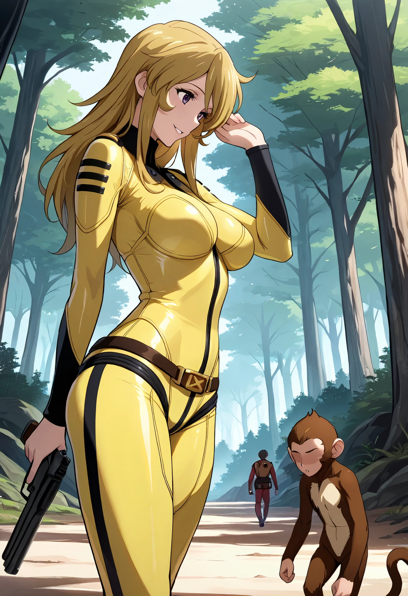 (masterpiece, best quality), , 1girl, fyuk1, solo, mori yuki, blonde hair, purple eyes, long hair, yellow_bodysuit , a relieved face,  smile,  parted lips, looking away, head down, outdoor, day,  forest,  walking,  gun,  holding gun,  hand up, 1girl,  1boy (monkey,  faceless, walk from  girl's  side), size difference, larger female. 