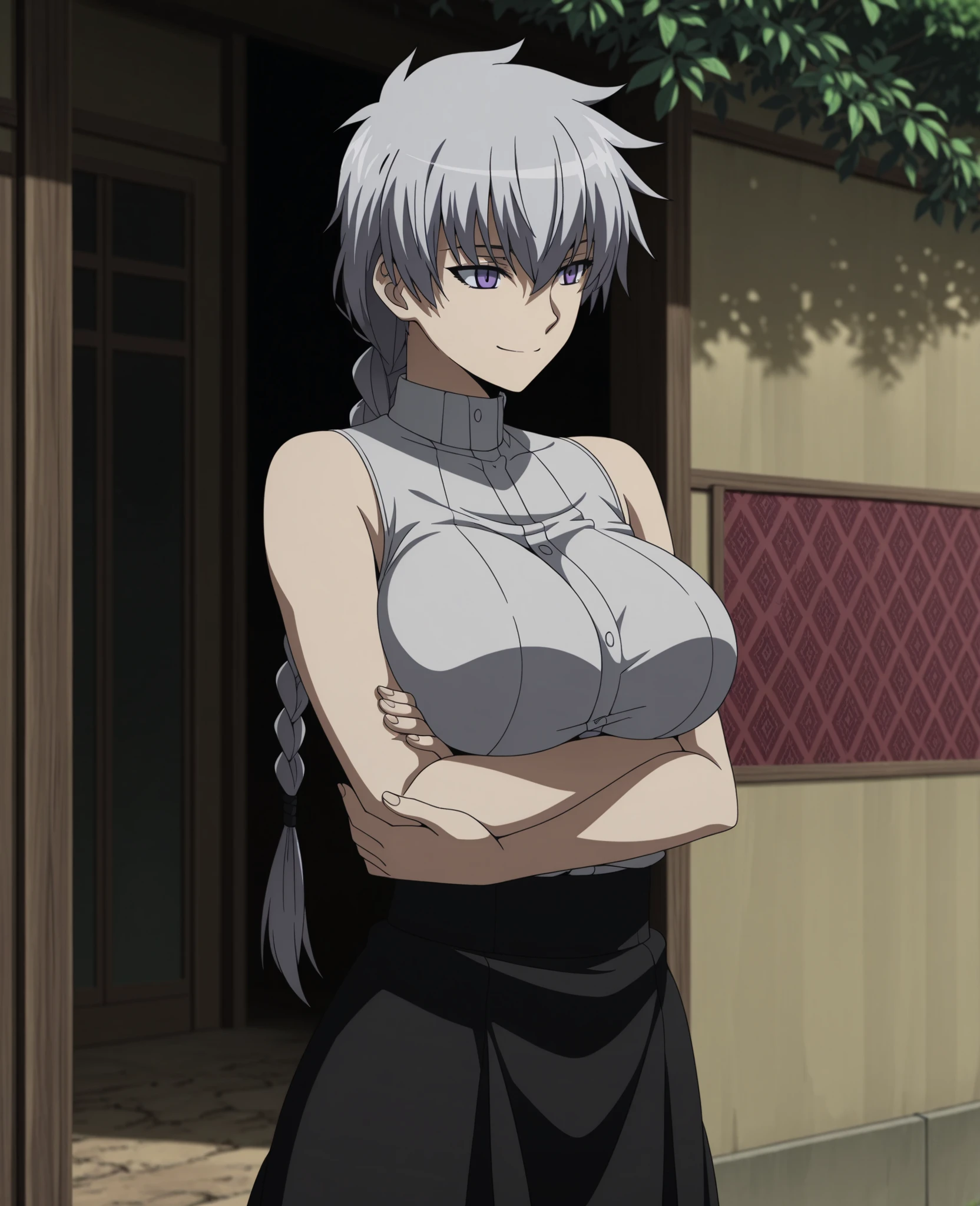 A woman without clothes, silver hair, purple eyes, huge breasts, muscular, serious face