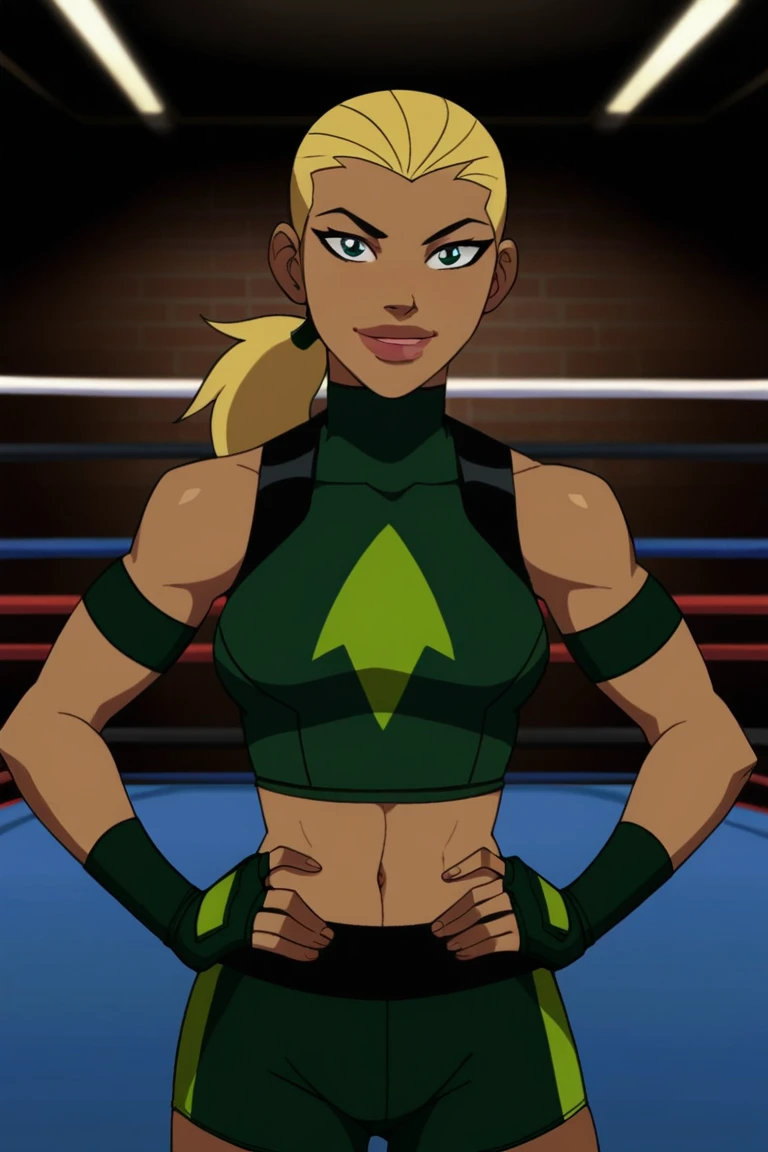 score_9, score_8_up, score_7_up, source_cartoon,artemis, blonde hair, ponytail, big lips, dark skin,medium breasts, green sports bra, green boxing shorts, green boxing gloves, BREAK standing, smiling, closed mouth, hands on hips, confident expression, looking at viewer, solo, front view, face focus, indoors, boxing ring, gym, best quality, high quality