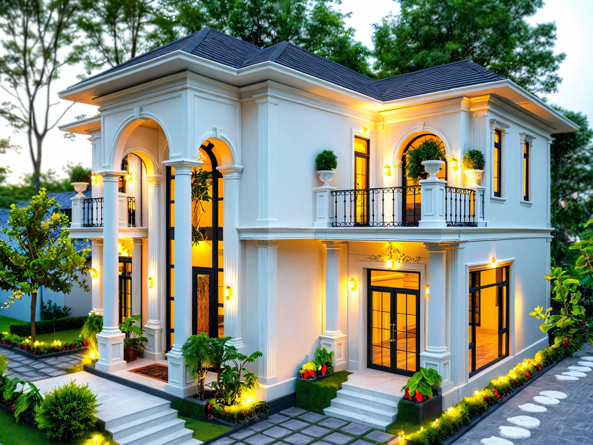 neo classical villa on street, (sunset), tropical tree, vivid colour, streetcapes, black detail, white wall, large glass door, warm interior lighting, wood and marble, best quality,