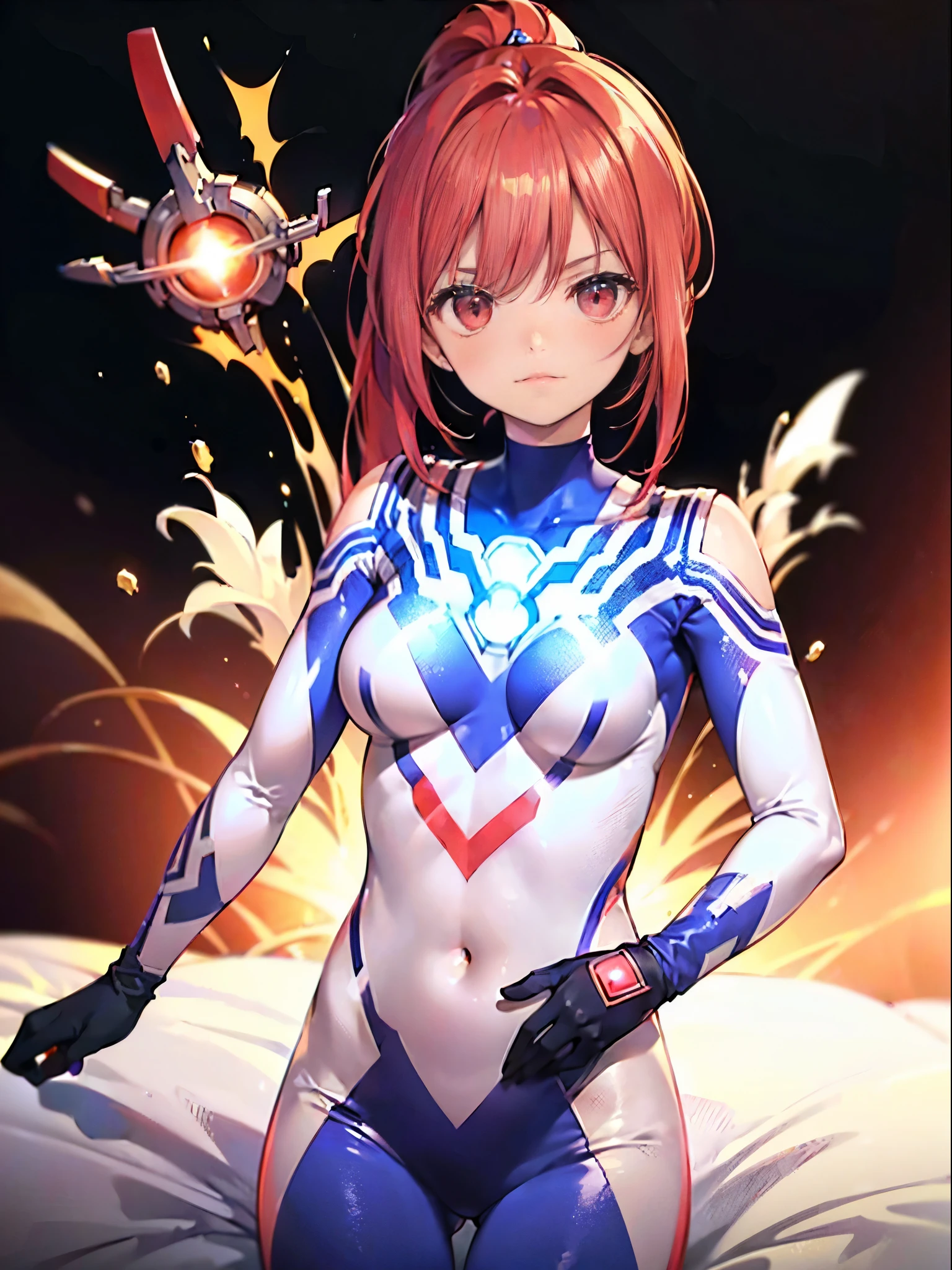 girl,red hair,short bob,red eyes, (Ultra Girl :1.0), silver and red ultraman bodysuit, Upper body, put your hands on your hips,fist,big breasts