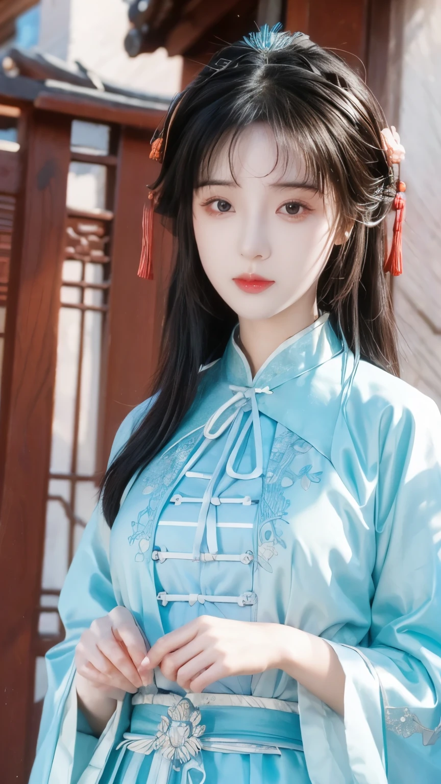 （Hyperrealistic,）4K,35mm,cinematography，super high details, Professional lighting, Best quality, Super high resolution, Visually stunning, (1girls:1.3), (dark blue theme:1.2), Light gray background, Deep blue, Wuxia,Chinese style,Hanfu,Tang Feng,,The skin, Skirt，