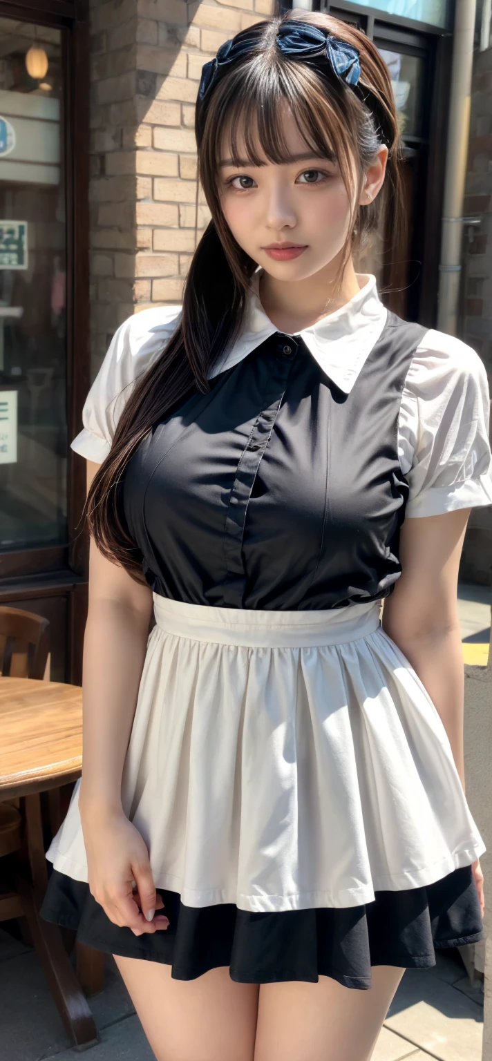 (8K、RAW Photos、Highest quality、masterpiece:1.2)、(Realistic、Realistic)、1 Girl、((Maid Costume:1.2、Thin legs、whole body、View from the front、smile、Looking into the camera、Hold your skirt with both hands and show me your black panties))、cute