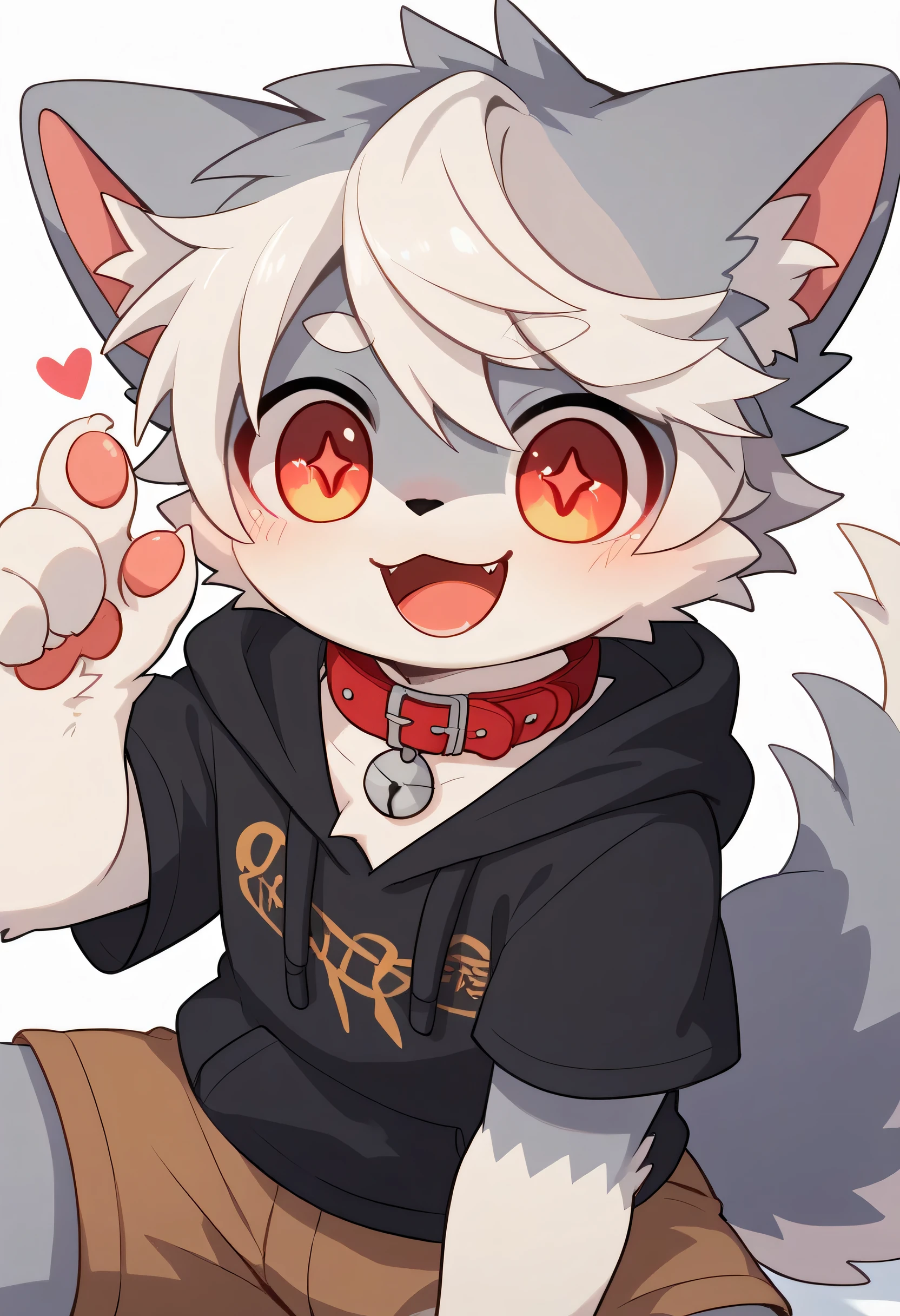 very detailed bustな, very detailed bust, white hair with gray coat ,Age 15,male, excited to see bones , wolf fur, excited,Participation, cute face , something furry ,Horny maleの子, red collar on the floor,Cute ears ,Fluffy ears ,Fluffy ears , Show me your legs , Show me a cat's hand , red collar on the floorと紐を持っている, red collar on the floorと紐を持っている, cute fur maleの子 , maleの子, heart eye ,Horny maleの子 , Black Back , white background, blush nose , alone, droopy ears, brown shorts , Black Short Sleeve Hoodie