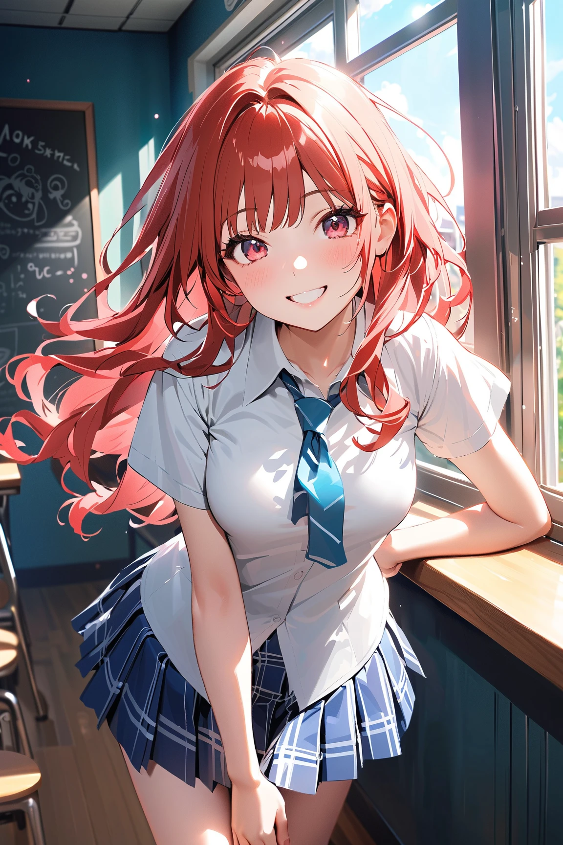 Masterpiece to the smallest detail、top-quality、girl with、17 age、独奏、Looks like 12 years old、150cm petite beautiful girl、small tits、a baby face、red hairs、Gradient bob in the forward、Pink and violet mesh、red eyes、Red eyes、Tall, big eyes、Outstanding looks、A lovely child、proximity、closed_mouth、a smile、red blush、full of shyness、blue headwear、Hats、pink bowtie、校服、 Blue jacket、jaket、skirt by the、Gray skirt shirt、white shirt、an legs、Black socks、sitting on、Classroom、hair_ornament、looking_at_viewer、beatiful detailed eyes、Akame、panties on、lift up one's skirt、Professional effects、