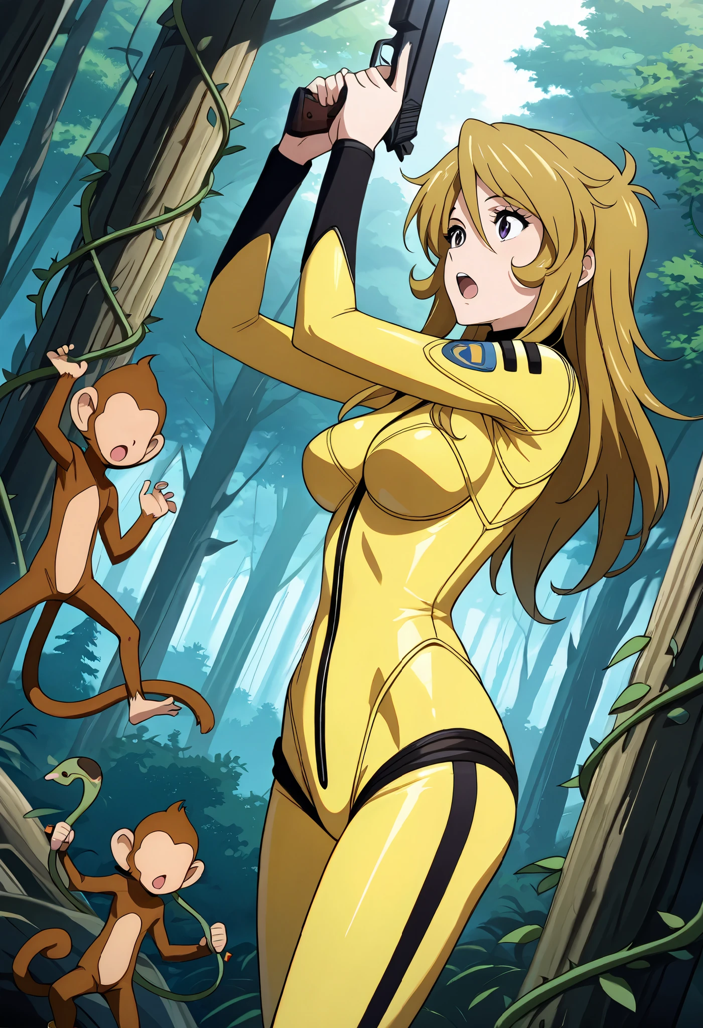 (masterpiece, best quality), , 1girl, fyuk1, solo, mori yuki, blonde hair, purple eyes, long hair, yellow_bodysuit , a surprised face,  open mouth, looking away, head up, outdoor, day,  forest,  standing,  gun,  holding gun,  arms up(vines, tied), 1girl,  1boy (monkey, faceless, walk from  girl's  side), size difference, larger female. 