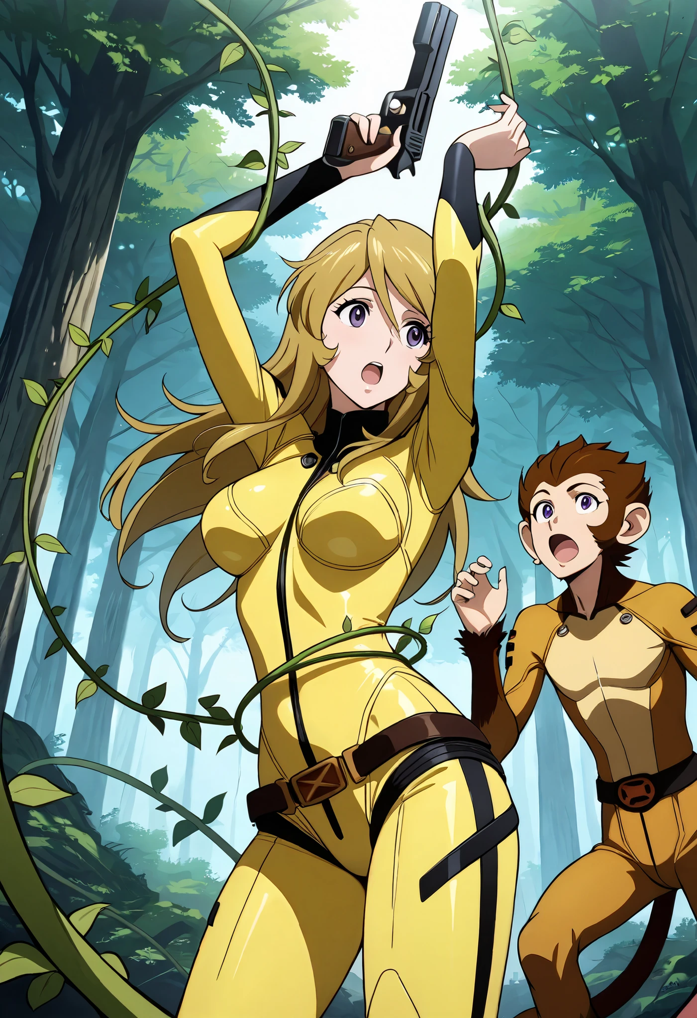 (masterpiece, best quality), , 1girl, fyuk1, solo, mori yuki, blonde hair, purple eyes, long hair, yellow_bodysuit , a surprised face,  open mouth, looking away, head up, outdoor, day,  forest,  standing,  gun,  holding gun,  arms up(vines, tied), 1girl,  1boy (monkey boy, solo, faceless, walk from  girl's  side), size difference, larger female. 