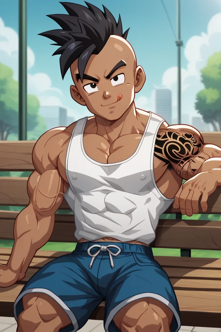 score_9, score_8_up, score_7_up, source_anime, official artstyle, anime screencap, highly detailed,1boy, solo, male focus, perfect composition, good shading, masterpiece, masterwork, best quality, absurdres, hyper-detailed, 8k uhd:1.2, 1boy, solo, male focus, outdoors, forest,uub,black hair,mohawk,black eyes,dark skin, looking at viewer, curious score_9, score_8_up,
, solo, 1boy, GohanDBZ, male focus, muscular male, veiny body, relaxing, sitting on bench, street, tank top, shorts, urban, tattoos, smug, tongue out, spiked hair, 