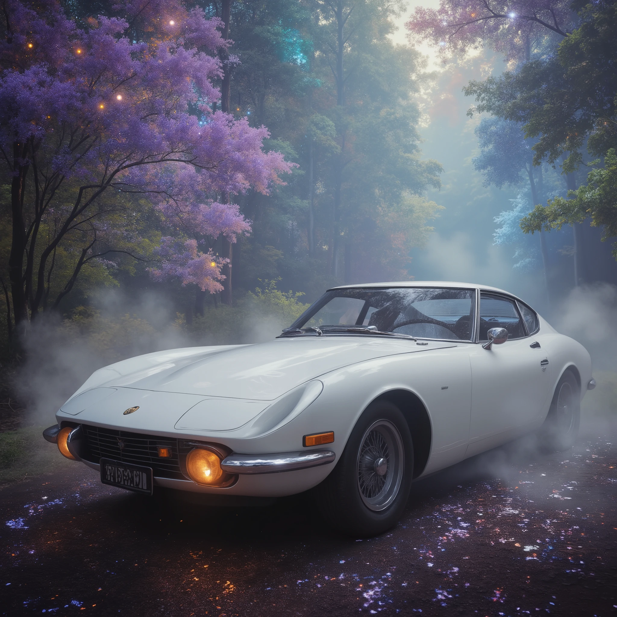 ultra detailed, absolutely resolution, masterpiece.  
white Toyota 2000GT, vintage sports car, in the woods. 
wonderland worldview. various colorful iridescent foggy glitter effects