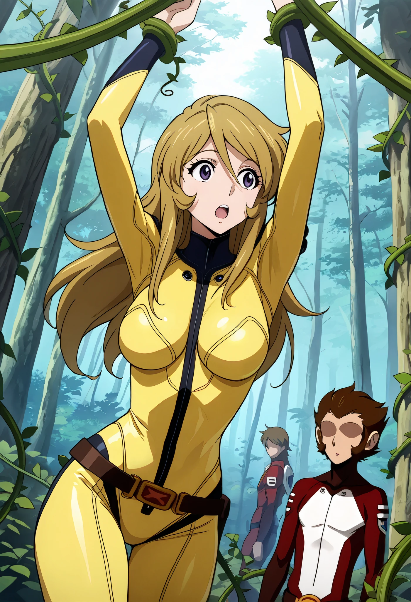 (masterpiece, best quality), , 1girl, fyuk1, solo, mori yuki, blonde hair, purple eyes, long hair, yellow_bodysuit , a surprised face, open mouth, looking away, head up, outdoor, day, forest, standing, arms up(vines, tied), 1girl, 1boy (faceless, monkey boy, solo, walk from girl's side), size difference, larger female.