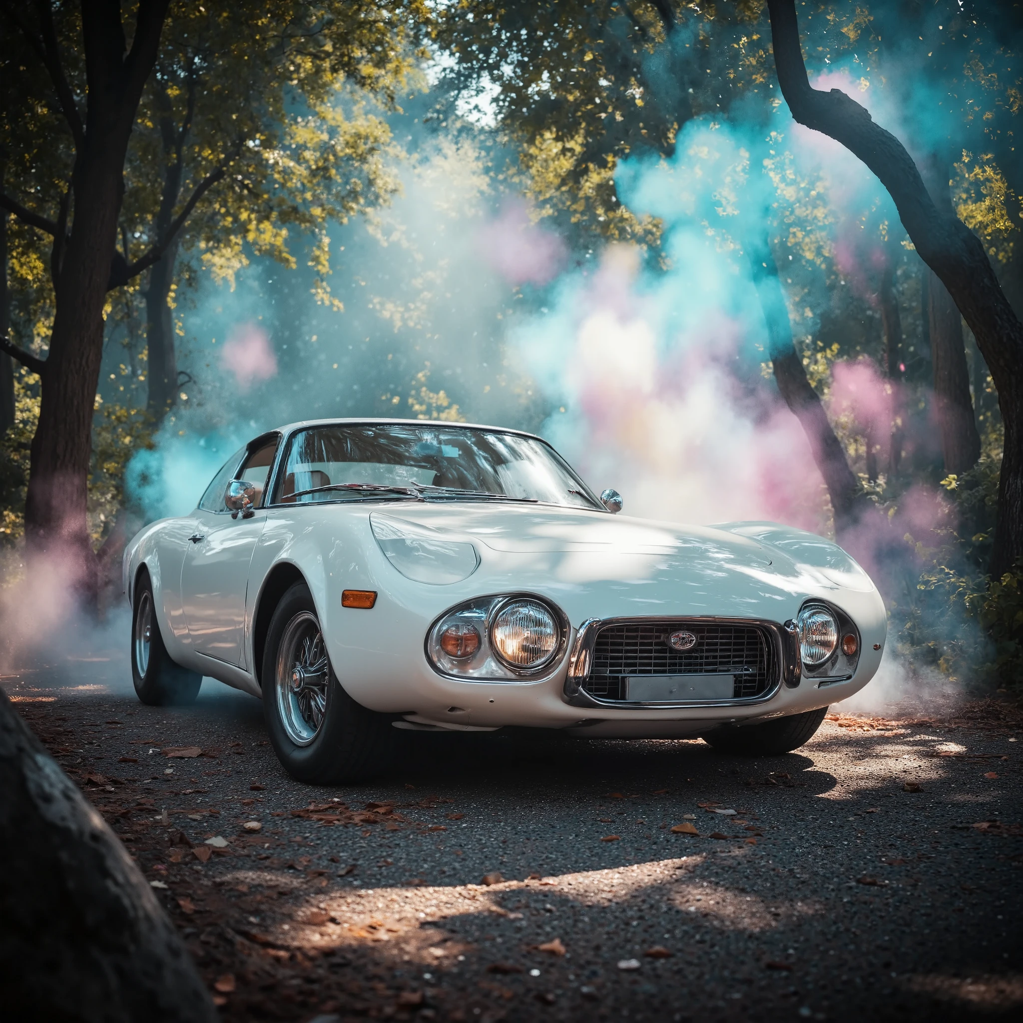 ultra detailed, absolutely resolution, masterpiece.
white Toyota 2000GT, vintage sports car, in the woods.
wonderland worldview. various colorful iridescent foggy glitter effects