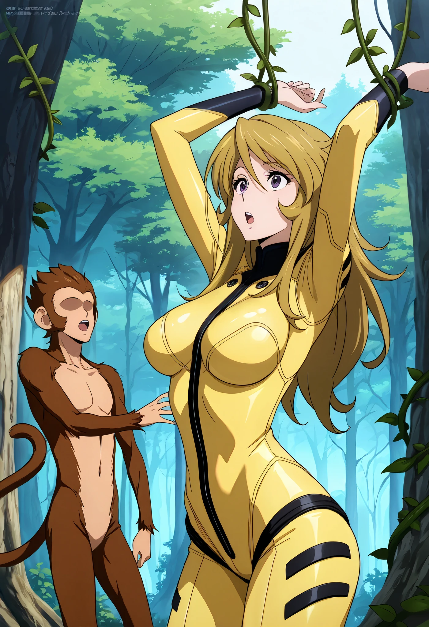 (masterpiece, best quality), , 1girl, fyuk1, solo, mori yuki, blonde hair, purple eyes, long hair, yellow_bodysuit , a surprised face, open mouth, looking away, head up, outdoor, day, forest, standing, arms up(vines, tied), 1girl, 1boy (faceless, monkey boy, solo, walk from girl's side), size difference, larger female.