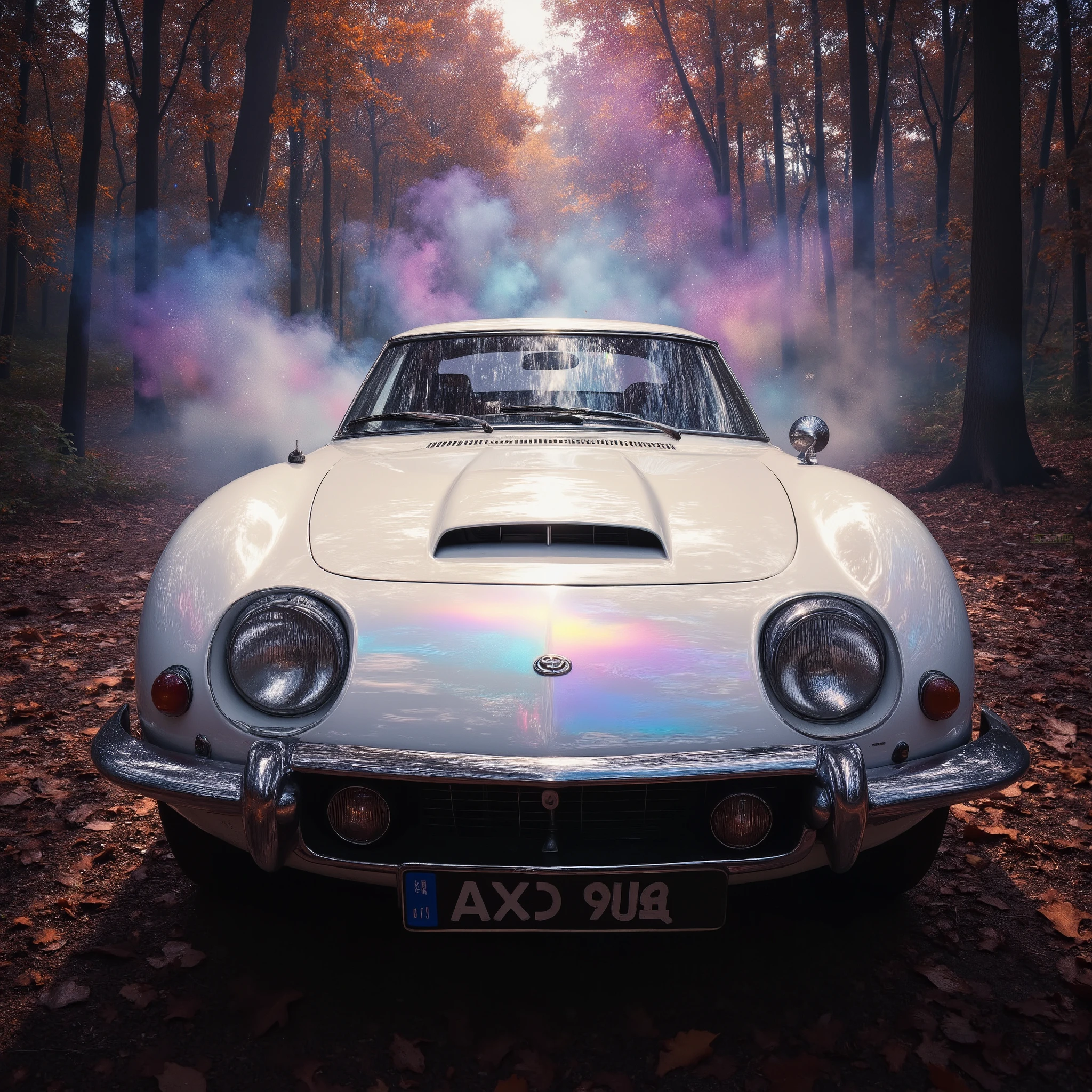 ultra detailed, absolutely resolution, masterpiece.  
white Toyota 2000GT, vintage sports car, in the woods. 
wonderland worldview. various colorful iridescent foggy glitter effects
