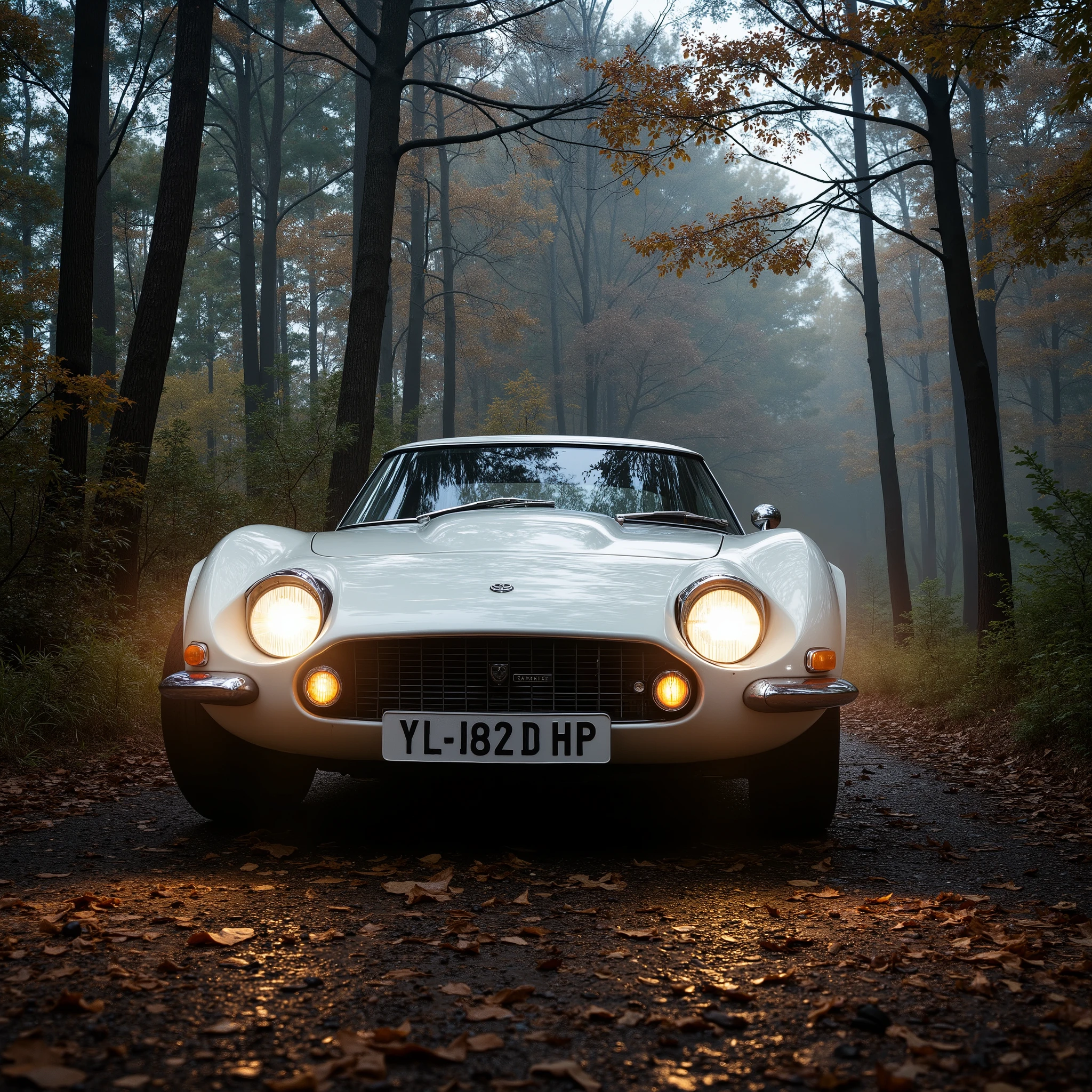 ultra detailed, absolutely resolution, masterpiece.  
white Toyota 2000GT, vintage sports car, in the woods. 
wonderland worldview. various colorful iridescent foggy glitter effects