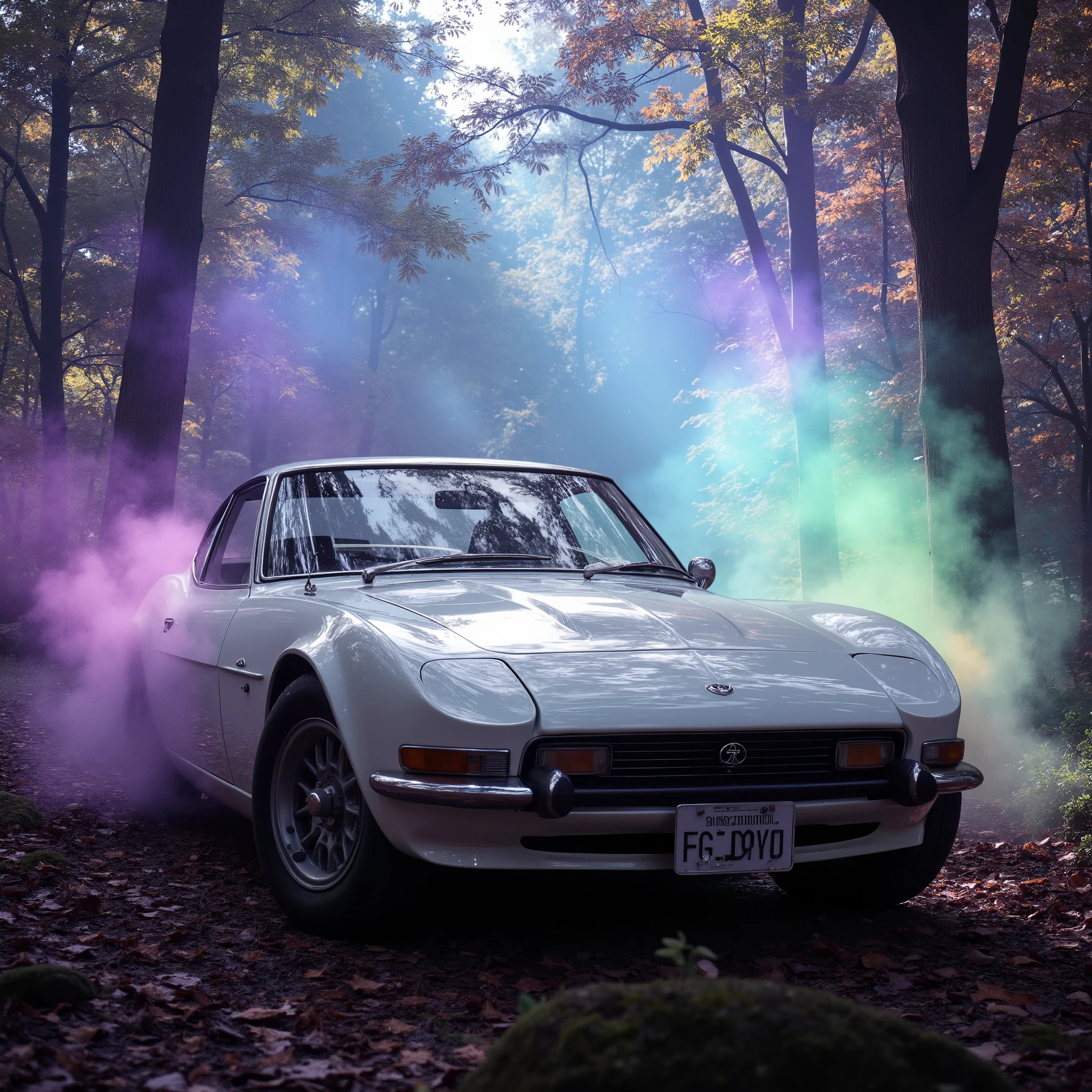 ultra detailed, absolutely resolution, masterpiece.  
white Toyota 2000GT, vintage sports car, in the woods. 
wonderland worldview. various colorful iridescent foggy glitter effects