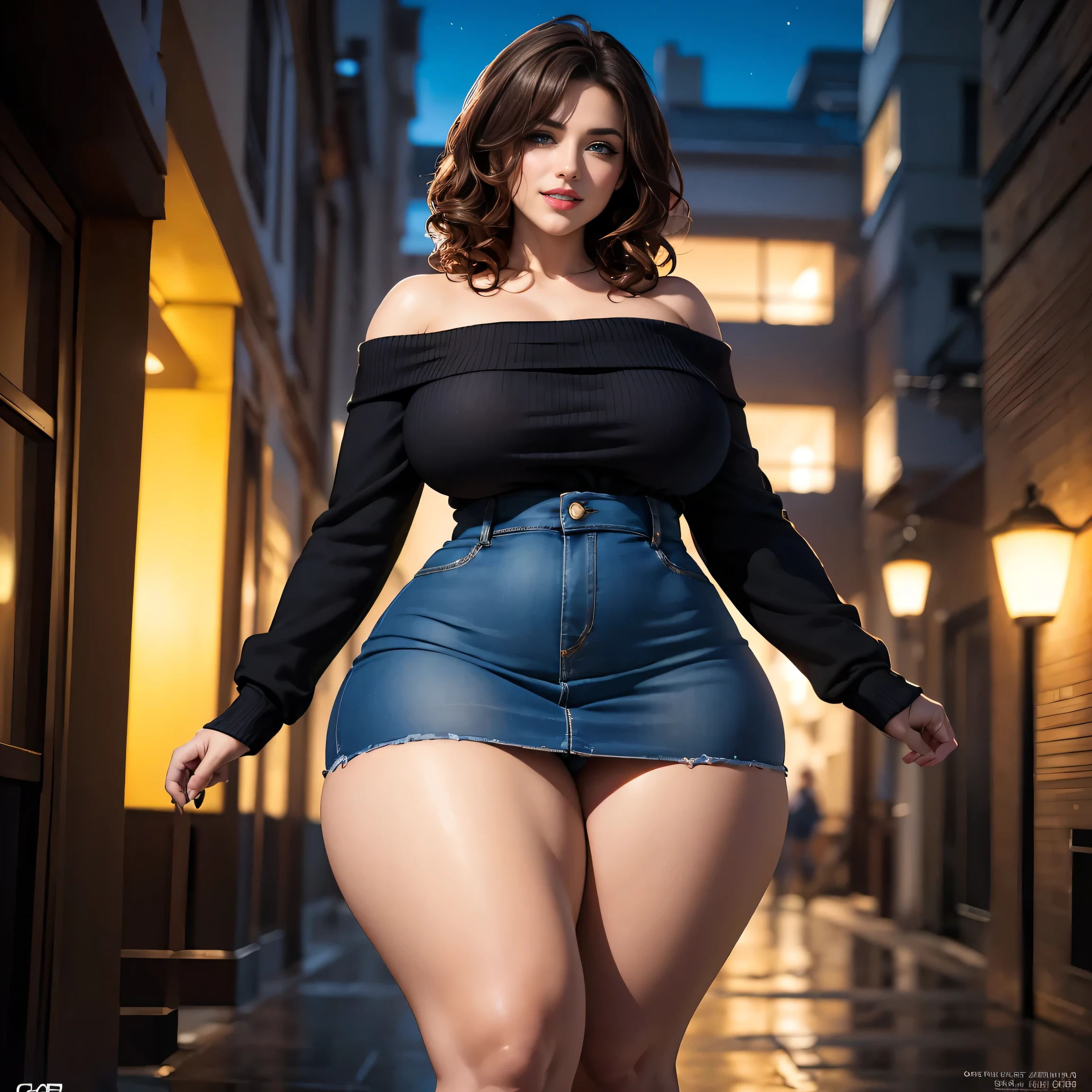 Woman in Italian building, curvy body, very detail ,wide hips, loong legs ,thick high, full body in camera, wearing strap wedges, wearing mini sweater dress, from side