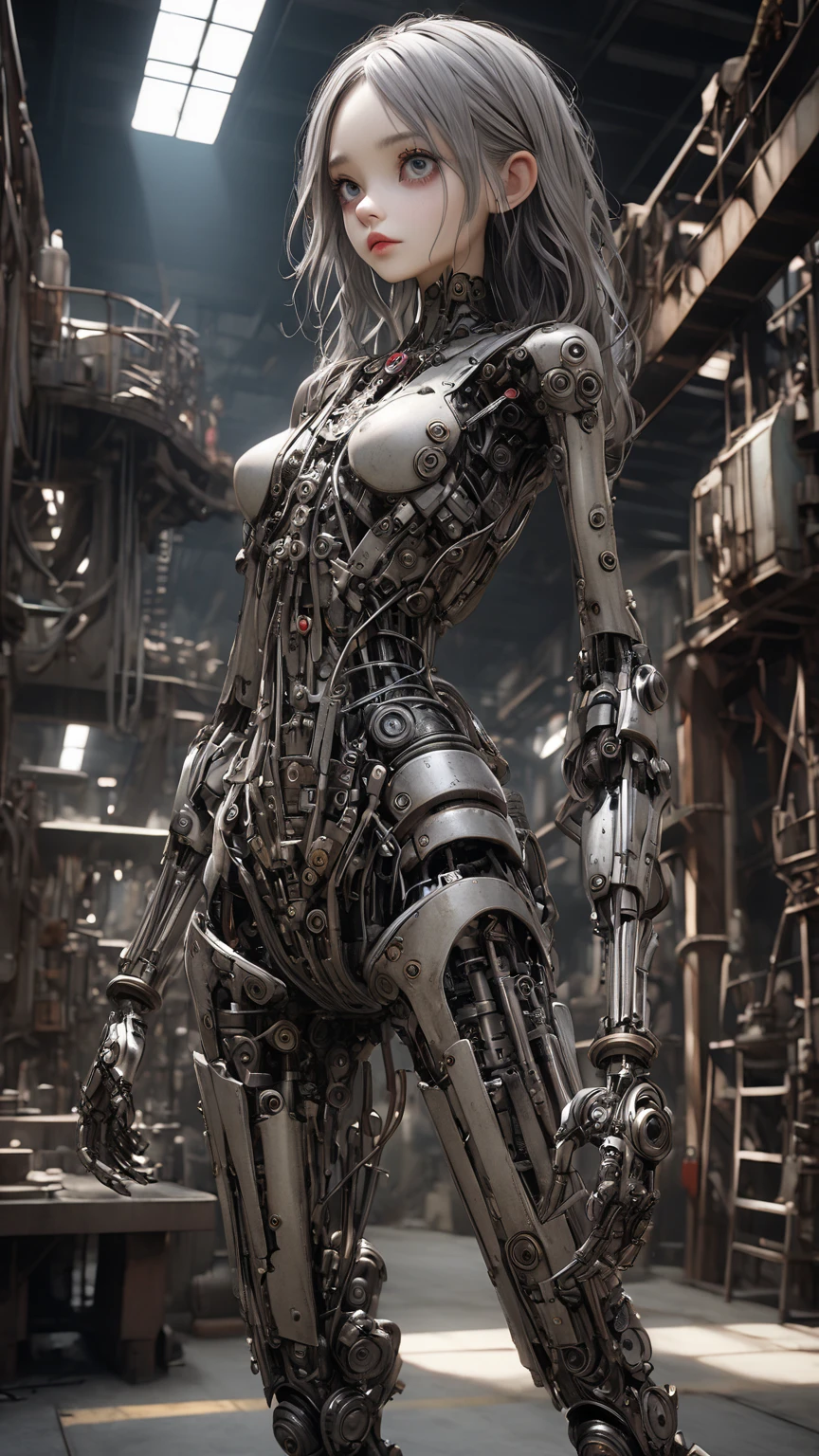 a ral-chrome (masterpiece,best quality:1.3), (ultra-detailed:1.3), (highly detailed CG illustration), (an extremely delicate and beautiful), (highly detailed worn metal texture:1.3), (((cinematic look))), cinematic light, RAW photo, cinematic masterpiece, majestic epic composition, character focus, science fiction, (movie scene), full shot, epic dynamic frame, dynamic pose, motion blur, sci-fi, cyber, rim light, film grain, natural skin texture, 8k textures, (machine made joints), mechanical limbs, blood vessels connected to tubes, mechanical vertebra attaching to back, ((mechanical cervical attaching to neck)), (wires and cables attaching to neck and body), (1mechanical girl), (((full body))), expressionless, sitting, from side, ABS, huge breast, <lora:DETAIL_SLIDER_BY_STABLE_YOGI:0.7> <lora:OpenJourney-LORA:1.2> <lora:ral-chrome:0.75>