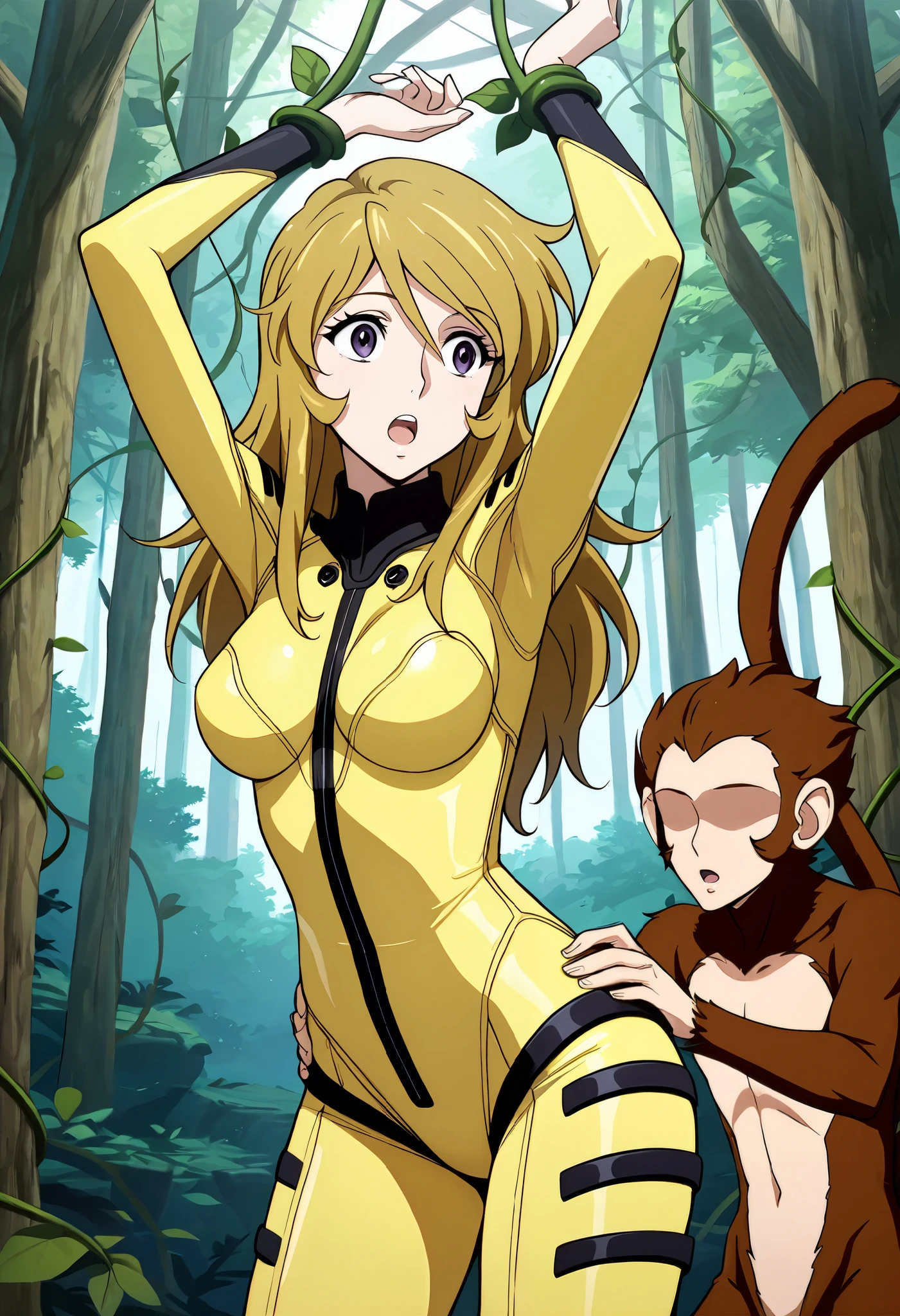 (masterpiece, best quality), , 1girl, fyuk1, solo, mori yuki, blonde hair, purple eyes, long hair, yellow_bodysuit , a surprised face, open mouth, looking away, head up, outdoor, day, forest, standing, arms up(vines, tied), 1girl, 1boy (faceless, monkey boy, solo, hands on girl's wrist).
