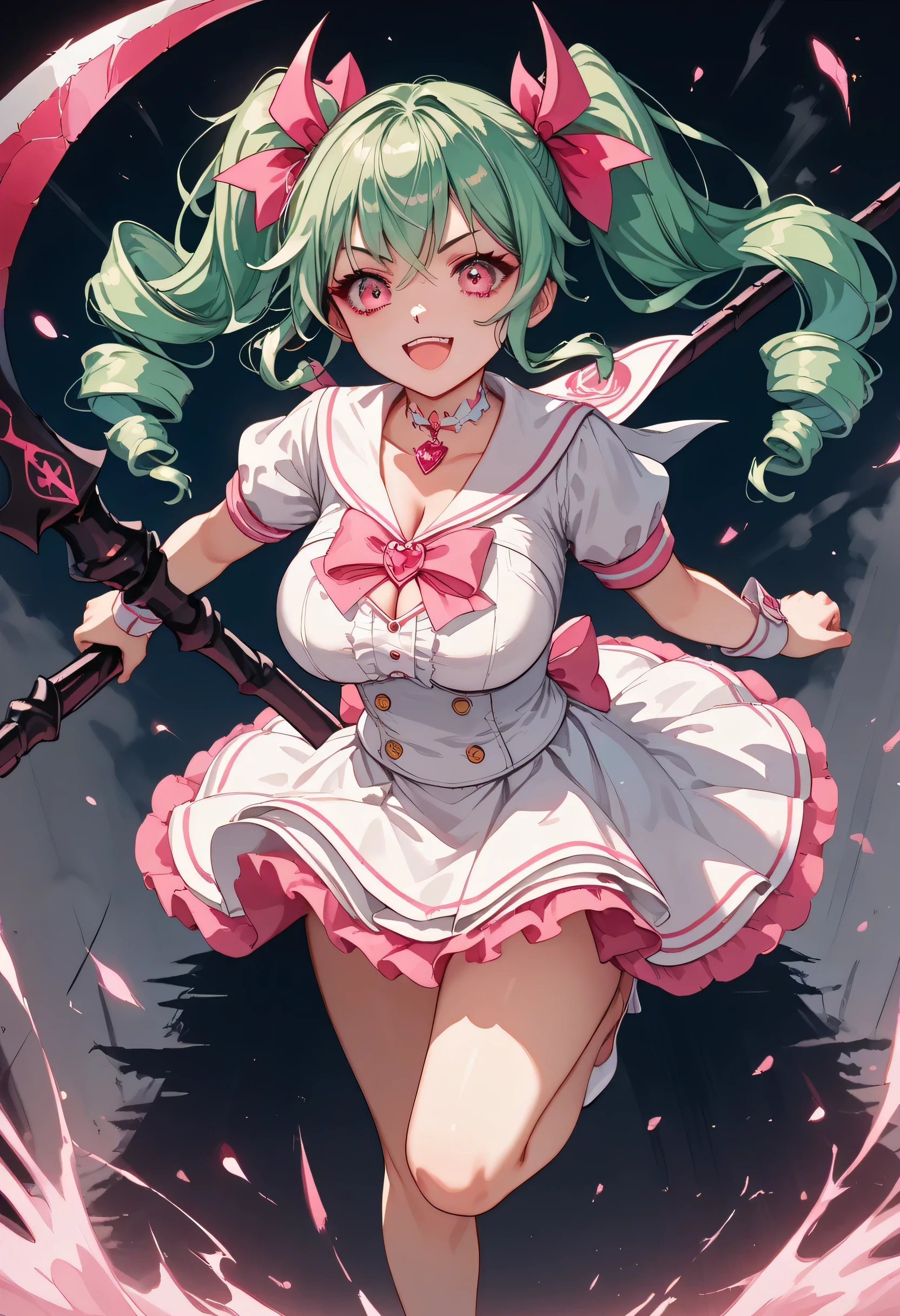 score_9, score_8_up  , score_7_up  ,source_anime,1cute girl, EMERALD hair,  pattern , twin tails,twin drills, pink ribbon, smiles, ,  cute white sailor suit with pink lines, miniskirt, pink eyes,  white high heels, cleavage,nsfw,grim Reaper,　grim Reaper's Scythe,running,Here comes the cleavage,赤白いSpook-lights,battle