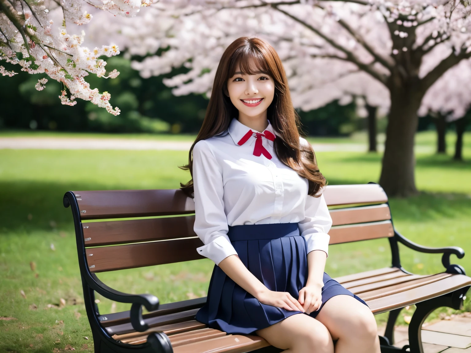 (highest quality、table top、8K、best image quality、Award-winning work)、one high school girl、16 years old、(alone:1.1)、perfect beautiful composition、(Huge breasts that are about to burst:1.2)、(emphasize body line:1.2)、slender body、(perfect and accurate white polyester shirt:1.1)、(navy pleated skirt:1.1)、(Red uniform ribbon on the chest:1.1)、(sitting on a park bench:1.1)、(Open your crotch and show your panties:1.2)、(bold thick legs:1.1)、(I can see your panties:1.1)、(pink lace panties:1.1)、(One of the most natural and perfect benches:1.1)、(The most accurate bench made to perfection:1.1)、(the biggest smile looking at me:1.1)、(Smile showing your perfect beautiful teeth:1.1)、(Beautiful park background with strong blur:1.1)、The most natural and perfect beauty park、Perfectly maintained regular park、stand gracefully、natural makeup、(beautiful and thick legs:1.1)、beautiful feet、Ultra high definition beauty face、ultra high definition hair、Super high-definition sparkling eyes、(Super high resolution glossy skin:1.1)、Super high resolution glossy lips、(accurate anatomy:1.1)、(very bright and vivid:1.1)、(detailed and perfect hands:1.2)