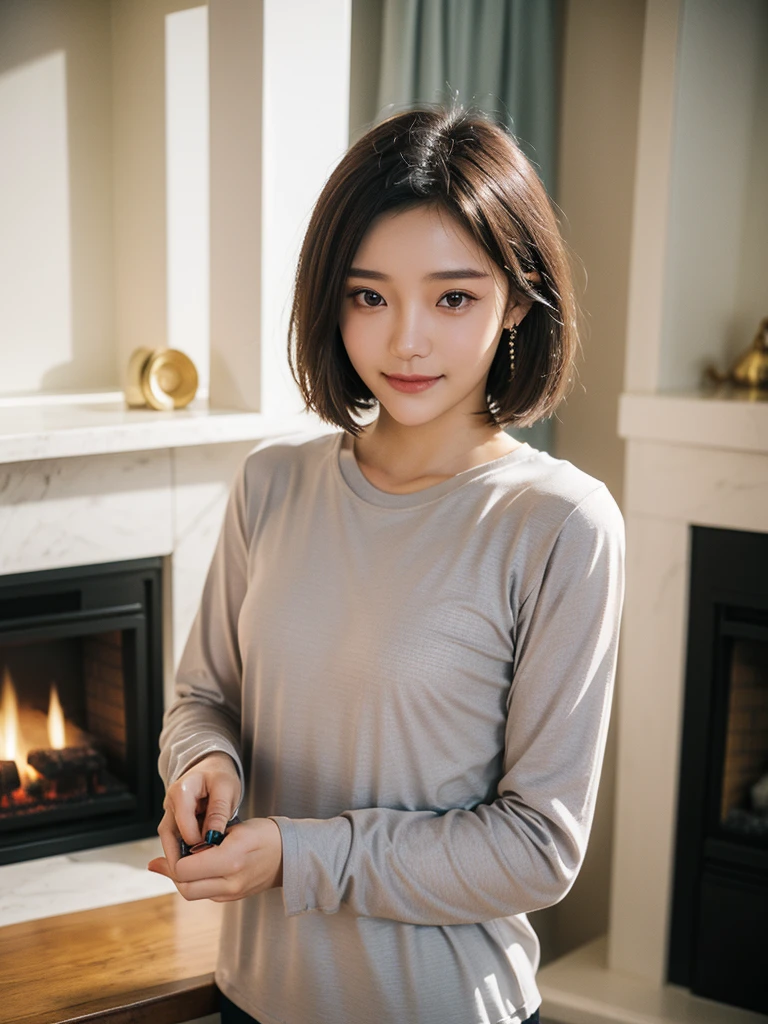 (Best Quality,16k,A high resolution,Masterpiece:1.2),ultra detailed,(beautiful japanese girl:1.3),big breasts:1.4,Short midi hair cut with light brown highlights, (realist,photorealistic,photorealistic:1.37),Korean fashion beauty,Japanese and Korean beauties,beautiful and innocent,detailed eyes and face,beautiful detailed lips,long eyelashes,natural eyebrows,Slimming,Fashion, big toothy smile, (beautiful,charming:1.1), vivid colors, fading lights,in a normal modern apartment in miami, Casual clothes