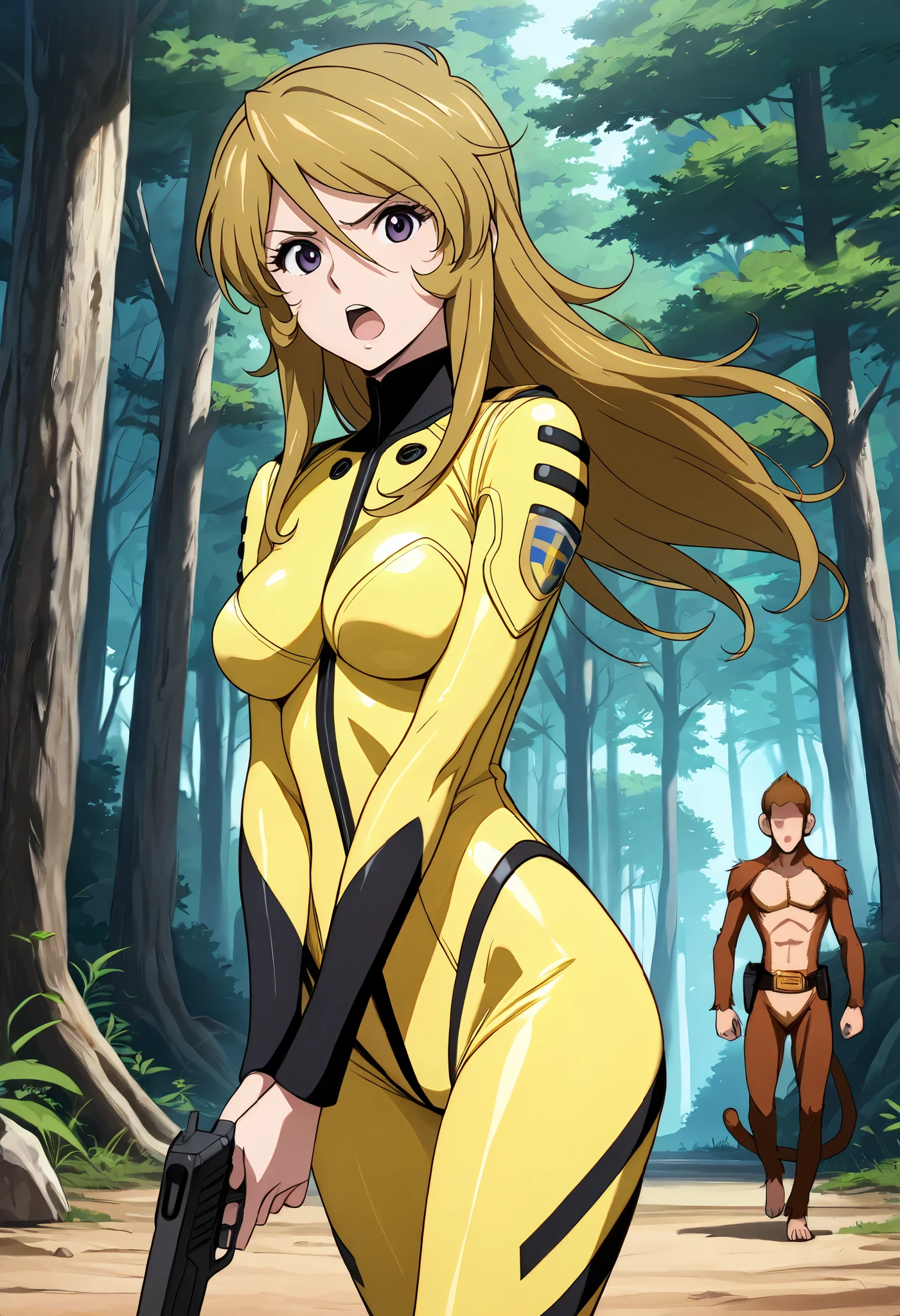 (masterpiece, best quality), , 1girl, fyuk1, solo, mori yuki, blonde hair, purple eyes, long hair, yellow_bodysuit , a angry face, open mouth, looking at viewer , outdoor, day, forest, walking, gun, holding gun, own hands together, point a gun, 1girl,1boy (faceless, monkey boy, solo, hide from girl's behind), size difference, larger female.
