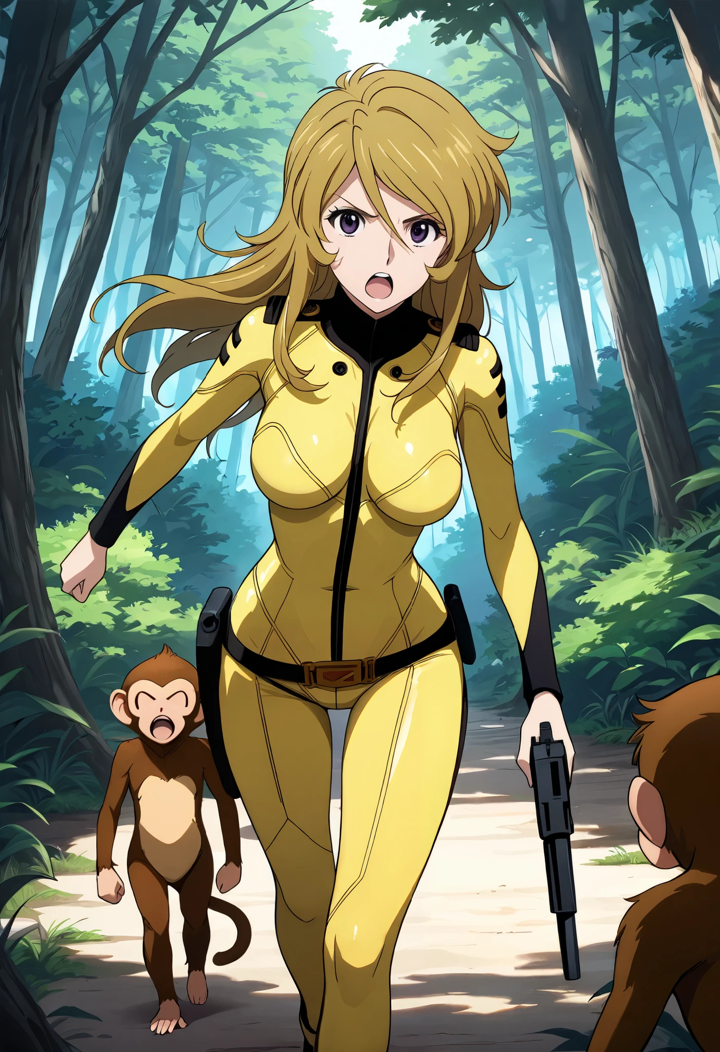 (masterpiece, best quality), , 1girl, fyuk1, solo, mori yuki, blonde hair, purple eyes, long hair, yellow_bodysuit , a angry face, open mouth, looking at viewer , outdoor, day, forest, walking, gun, holding gun,point a gun, 1girl,1boy (faceless, monkey , hide from girl's behind), size difference, larger female.