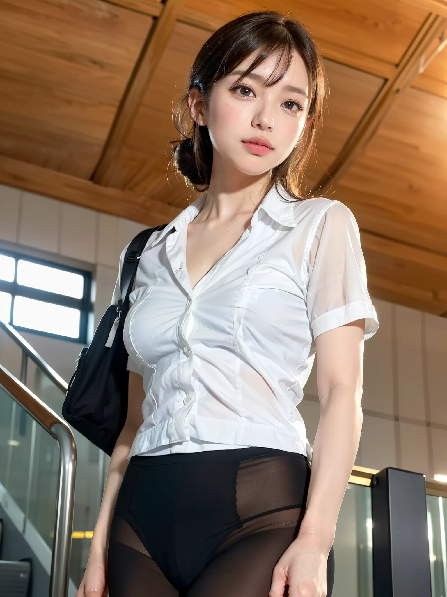 ((Best of the highest quality, 8k, Masterpiece: 1.3, raw photo)), Sharp focus: 1.2, (1 AESPA girl: 1.1), (Solo: 1.18), (realistic, photo-realistic:1.37), face focus, cute face, finely eyes, (Small breasts, flat chest, Thigh: 1.3), full nude, (business shirt, panties: 1.2), short messy hair, updo, terminal, airport, (from below: 1.2)