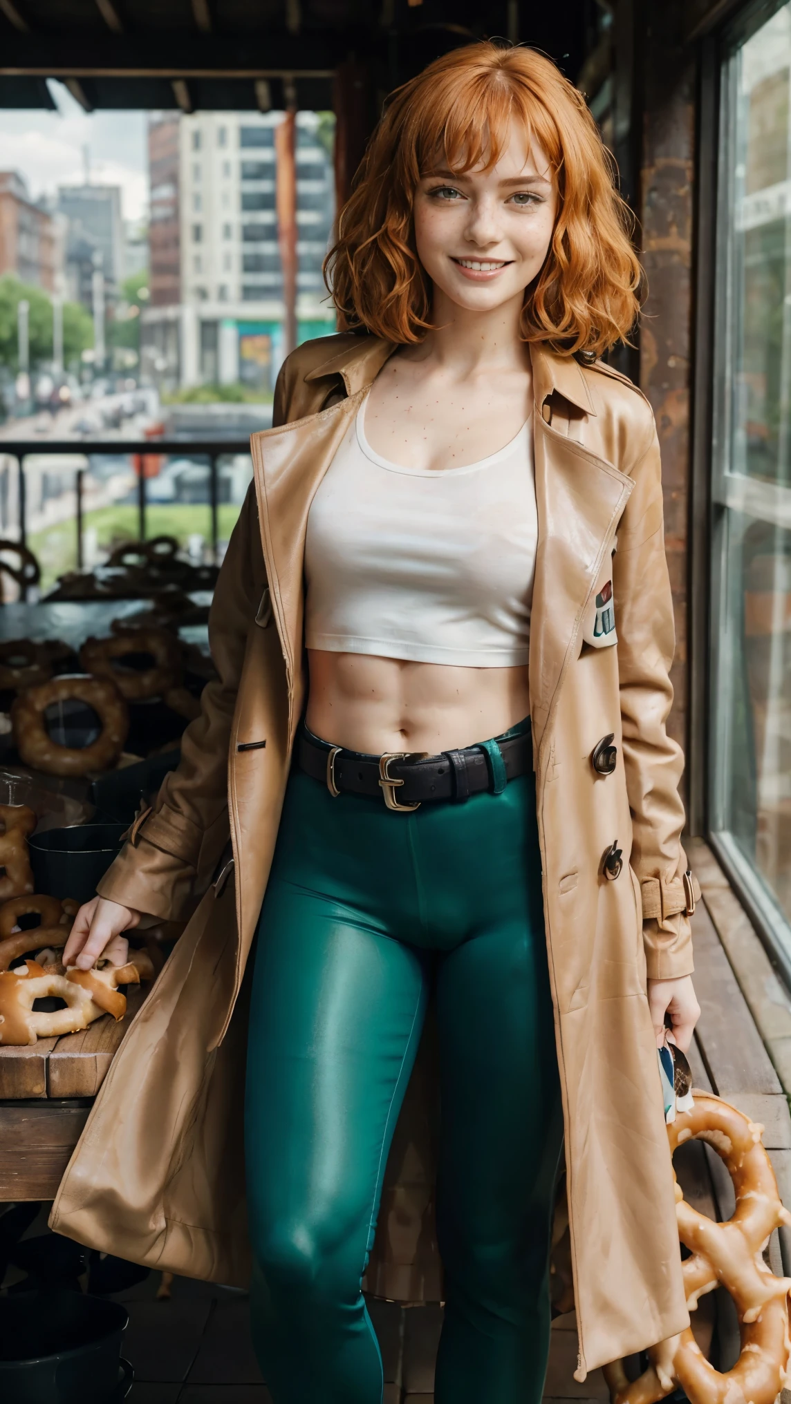 (masterpiece), best quality, expressive eyes, perfect face, multilevel marketing, midriff, Areolae, ginger hair, window, wearing Hairclip, limbus salesmen woman, perfect anatomy, (((holding an pretzel))), (((sales trenchcoat))), tall woman with a muscular physique and long, orange ginger hair, hair with bangs, freckles, forehead, topless, green eyes, naked Gigantic woman, sixpack, big muscle, abs, biceps, foot, pussy holes, sweaty, sweat wet look, full Body, nsfw, small breasts, angvall, laying down, longhouse background, leather shoes, tall, Ireland woman, belt, ((white shirt)), smiling warmly, eats, smile agressive, promoting as job, trouser leggings, restaurant environmental, (window)), Ireland background, ((chest freckles)), sitting, (((lunch time))), sales company employee, ((girlfriend dating)), (((watch))), city background