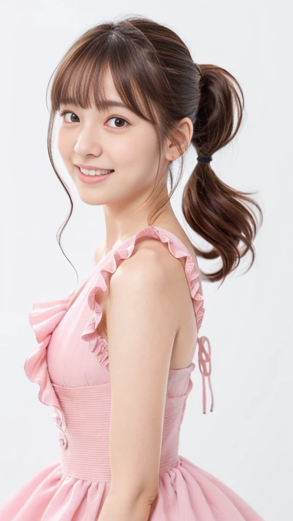 (Highest quality、Tabletop、8K、Best image quality、Award-winning works)、1. pretty girl、(wavy twin tails:1.1)、(Naked and white apron:1.2)、(The perfect pure white apron:1.3)、Perfect girl portrait photo、Glowing Skin、Brown Hair、(Large Breasts:1.3)、(Accentuate your body lines:1.1)、Standing Elegantly、(Face close-up:1.3)、Woman looking up at me、Cute Smile、(The simplest solid white background:1.5)