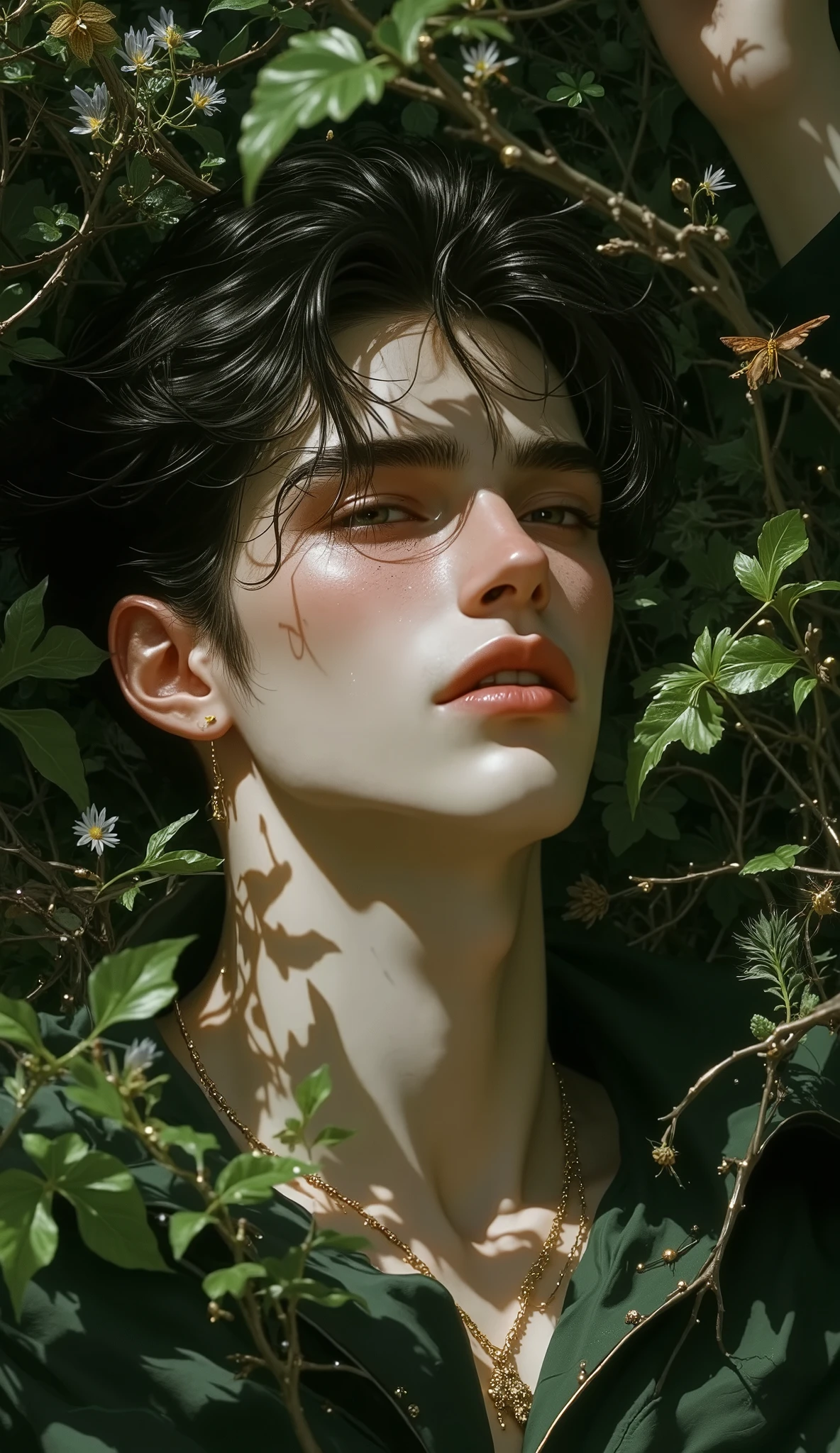 handsome young man lying in the bushes and thorns, top view camera