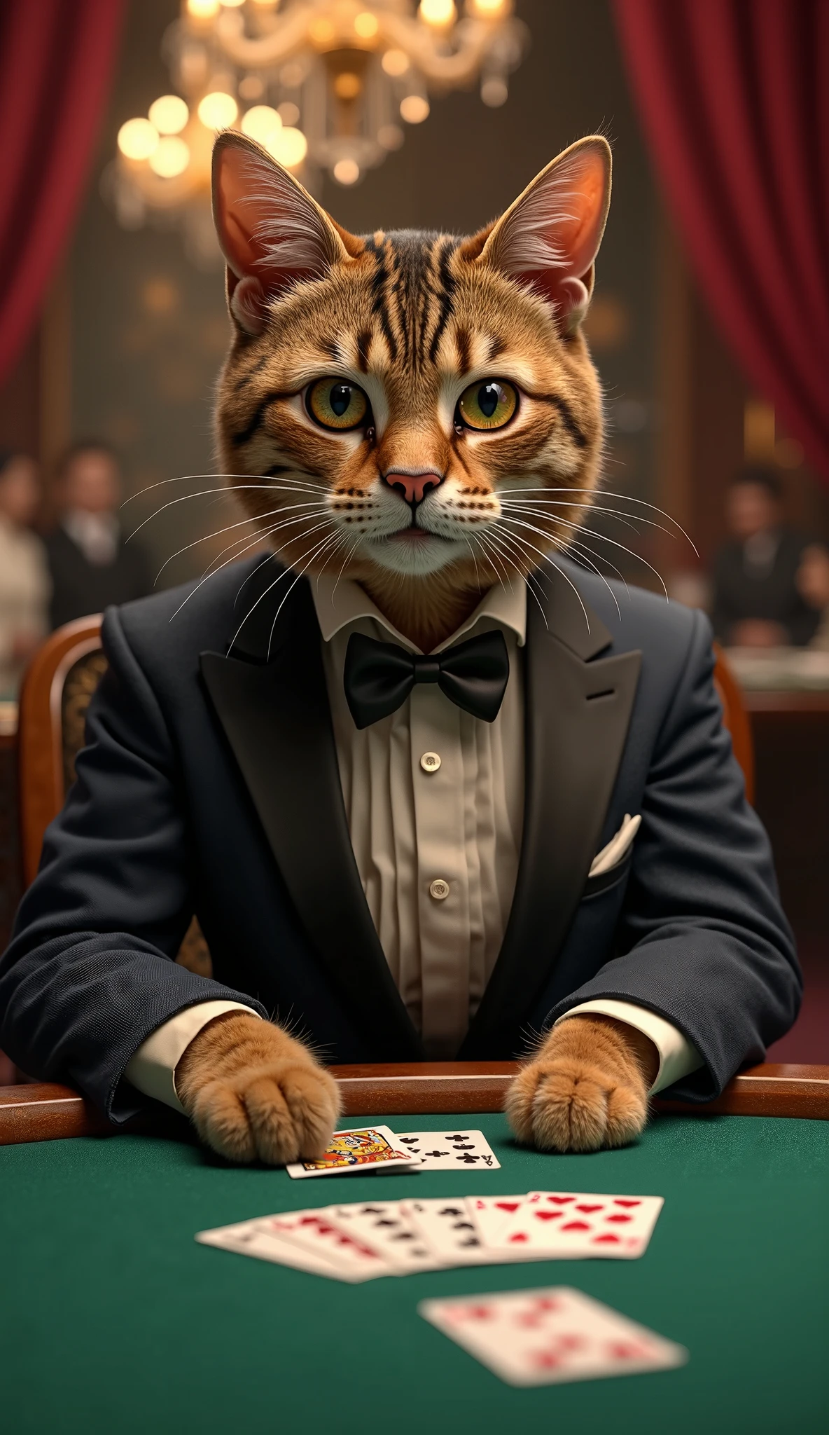 perfect centering placement, Cool cat, Wear a jacket., Play poker, Coolness, Standing position, Abstract Beauty, Centered, Looking into the camera, To the camera, Approaching perfection, dynamic, High definition, Smooth, Sharp focus, 10, Casino Background