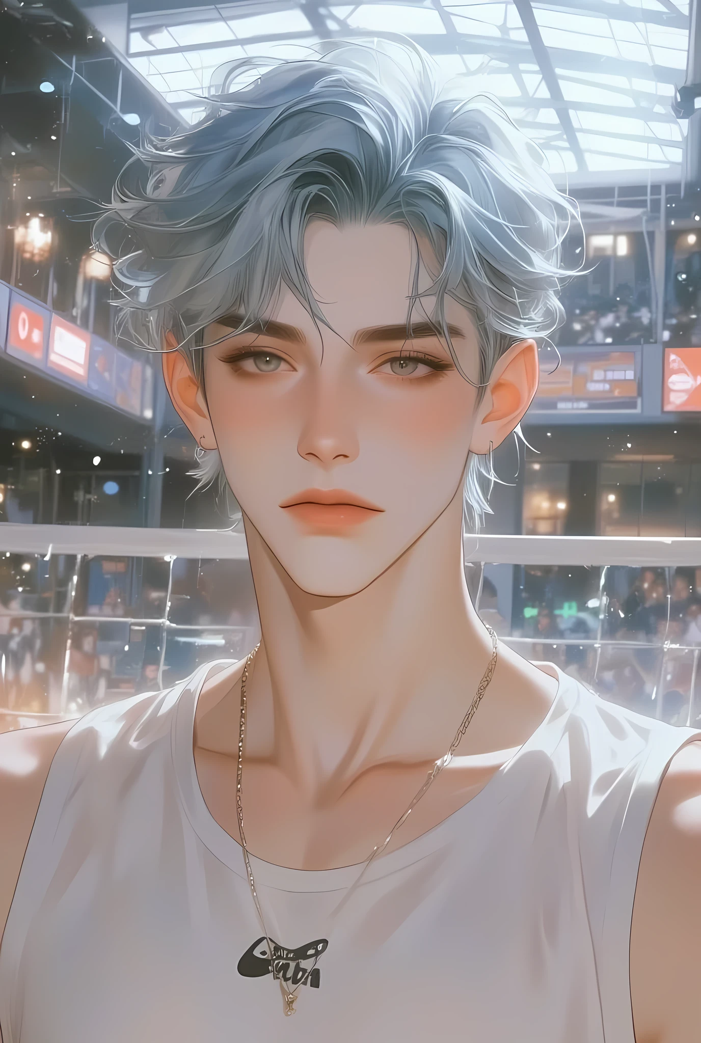 MALE,((slim body)), (tiny waist), ((twink)),(cheeks pink blush), ((round lightblue doe eyes with eyeliner)), ((white sleeveless volleyball jersey)), hotel, ((soft blue hair)), inside school volleyball court.