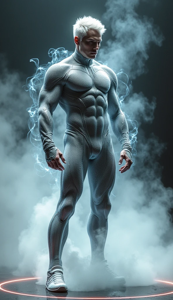 Full full body photorealistic ultra realism high definition aesthetic stabilized diffusion picture of handsome hunky fractal clean shaven Zane as celestial Ghost,, white sparkling Waves biomorphic transparent overall tight fit spandex and gloves.