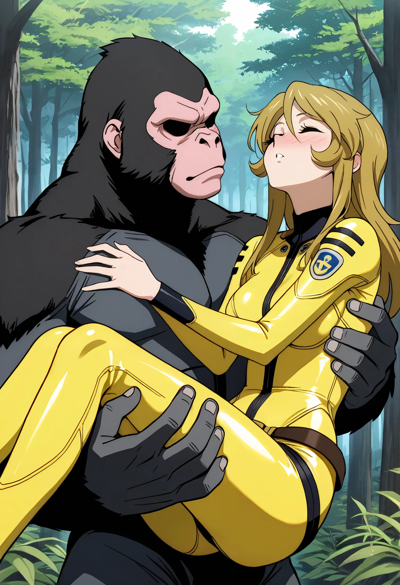 (masterpiece, best quality), , 1girl, fyuk1, solo, mori yuki, blonde hair, closed eyes, long hair, yellow_bodysuit , blank face,  parted lips, looking away, head  back,  passed out and sleeping,  nose blush, blush, outdoor, day,  forest,  carrying, 1girl,1boy (faceless, gorilla,  hand on girl's waist,  hand on girl's thigh,  princess carry), size difference, larger male, carrying, bdsm, princess  carry. 