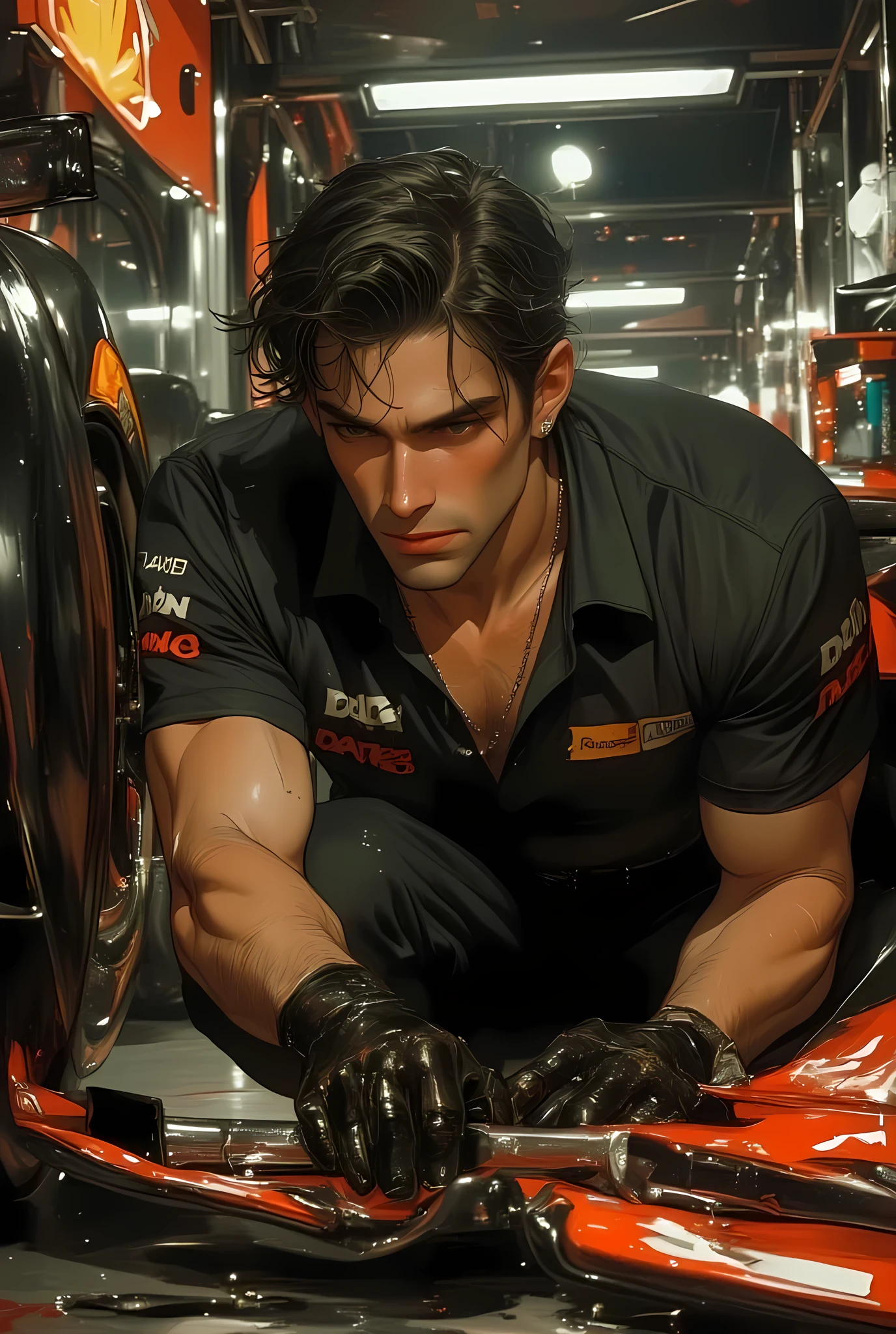 Rugged, muscular male with slightly tousled black hair streaked with white from age. Sharp jawline, stubbled chin, and intense dark eyes filled with focus. A cocky smirk plays on his lips as he wipes grease from his strong, veined forearms with a dirty rag. Wearing a fitted team polo shirt, slightly unbuttoned at the top, exposing part of his chest. Black work pants with tool loops, snug around his toned legs. Black gloves tucked into his belt. Kneeling beside a high-performance Formula 1 car, hands gripping a wrench as he makes last-minute adjustments. The background is a bustling F1 garage, filled with tool racks, spare tires, and the faint glow of digital race monitors. The air is thick with the scent of oil and rubber, engines humming in the distance. Warm, moody lighting casts soft shadows on his sweat-slicked skin, emphasizing his strong physique and hard-working demeanor.