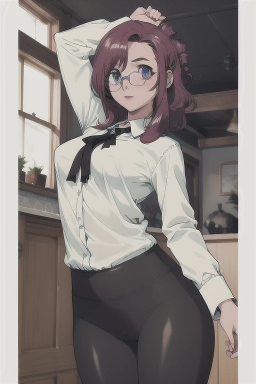 (hyperrealistic), (illustration), (high resolution), (8K), (extremely detailed), (best illustration), (beautiful detailed eyes), (best quality), (ultra-detailed), (masterpiece), ( wallpaper), (detailed face), solo, 1 girl, white wavy hair, english, heterochromic eyes, glasses, small moles under the eyes, loose white shirt, yoga pants, big breasts, long legs, tight abs, camel toes, dynamic pose  