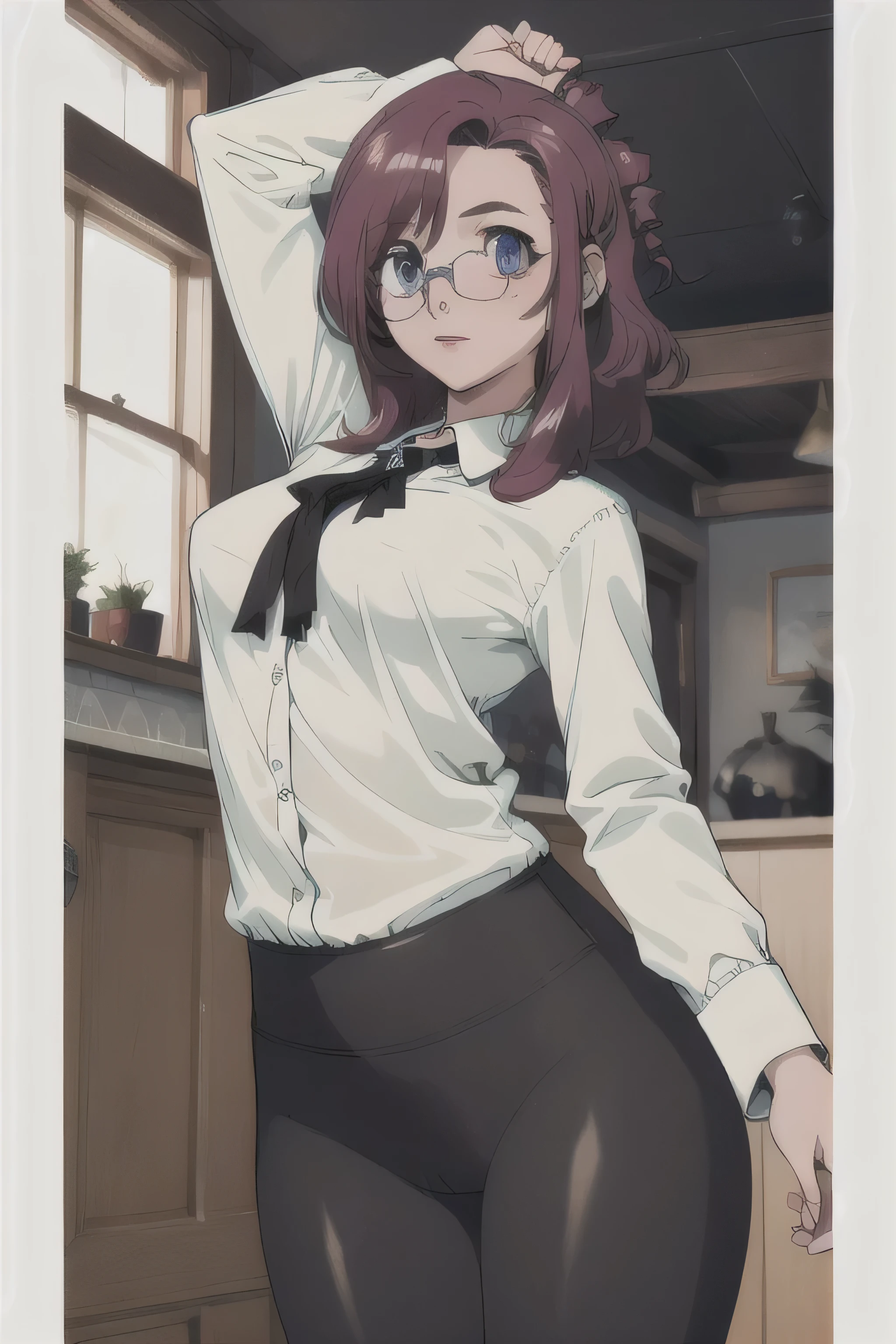 (hyperrealistic), (illustration), (high resolution), (8K), (extremely detailed), (best illustration), (beautiful detailed eyes), (best quality), (ultra-detailed), (masterpiece), ( wallpaper), (detailed face), solo, 1 girl, white wavy hair, english, heterochromic eyes, glasses, small moles under the eyes, loose white shirt, yoga pants, big breasts, long legs, tight abs, camel toes, dynamic pose