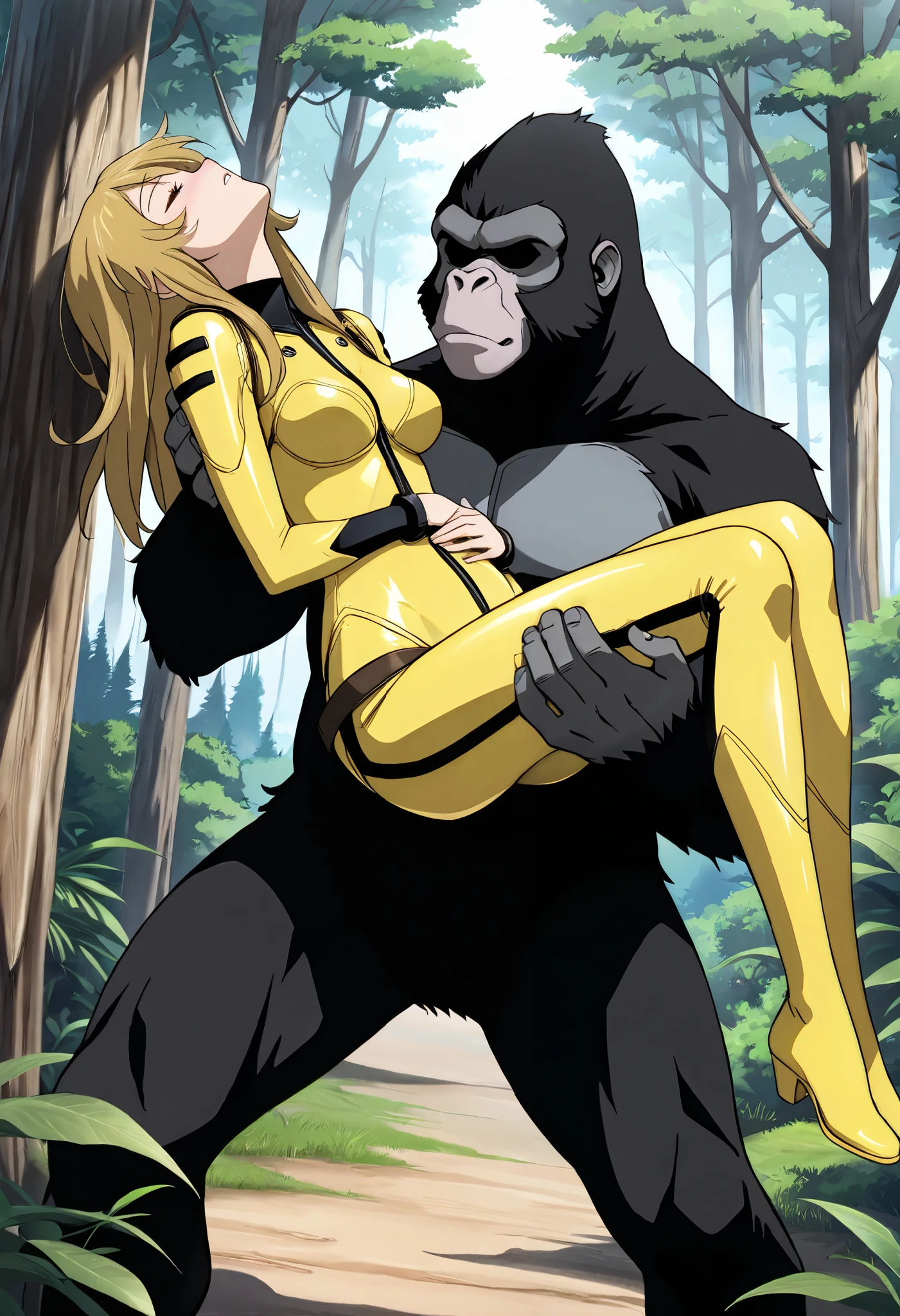 (masterpiece, best quality), , 1girl, fyuk1, solo, mori yuki, blonde hair, closed eyes, long hair, yellow_bodysuit , blank face, parted lips, looking away, head back, passed out and sleeping, nose blush, blush, outdoor, day, forest, carrying, hands on own stomach, 1girl,1boy (faceless, gorilla, hand on girl's waist, hand on girl's thigh, princess carry), size difference, larger male, carrying, bdsm, princess carry.