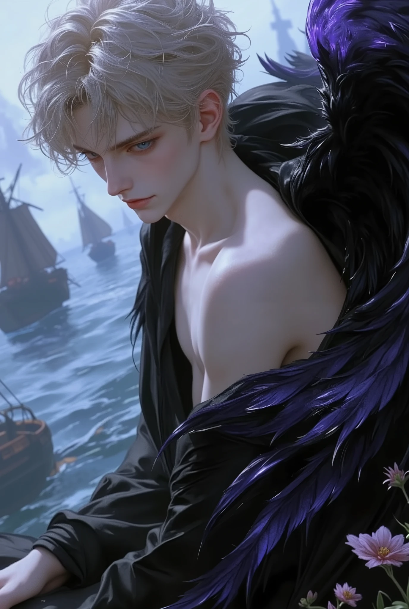 arafed male in a crown sitting on a body of water surrounded by swans, by Yang J, adi granov, neoartcore and charlie bowater, black swans, birds f cgsociety, dark fantasy mixed with realism, fantasy art behance, magali villeneuve', fantasy male portrait, male art, [ trending on cgsociety ]!!