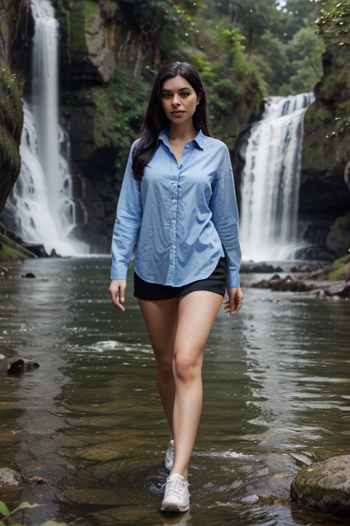 a brunette in rain forest, dressed wet white tshirt and jean short and  boots,looking to camera,medium shot