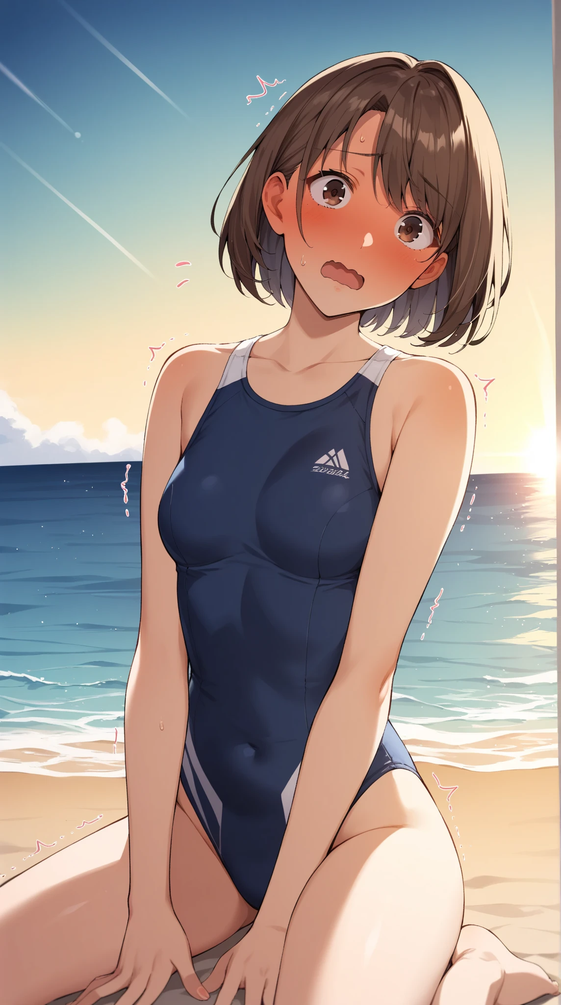 (gleaming skin:1.3), A young girl with black short hair, sky-blue eyes, wearing a one-piece swimsuit, standing, beach. crowd. arms behind back. from below.
