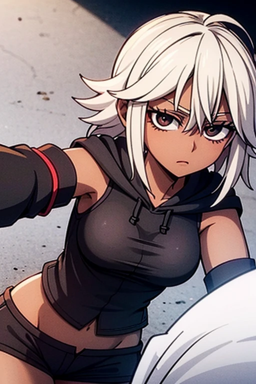 1girl, alone, Saiyan, spiked white hair, green eyes, defined muscles, thin waist, wide hips, dark skin, medium breasts, no clothes, nude, bobs, white t-shirt, black parts