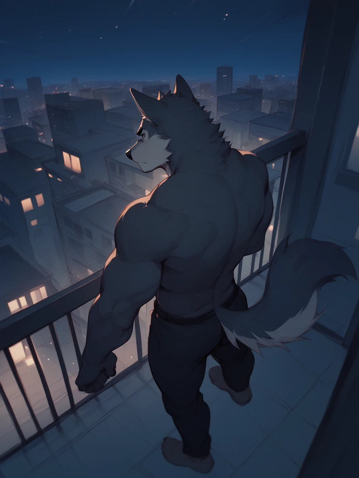 Furry muscular macho, panoramic view, wolf, muscular, tail, white t-shirt, gray fur, sitting on a stool
(best quality, 4k, highres, masterpiece:1.2), ultra-detailed, realistic:1.37, vivid colors, bokeh
Oil painting, wildlife, dark and moody color palette, dramatic lighting