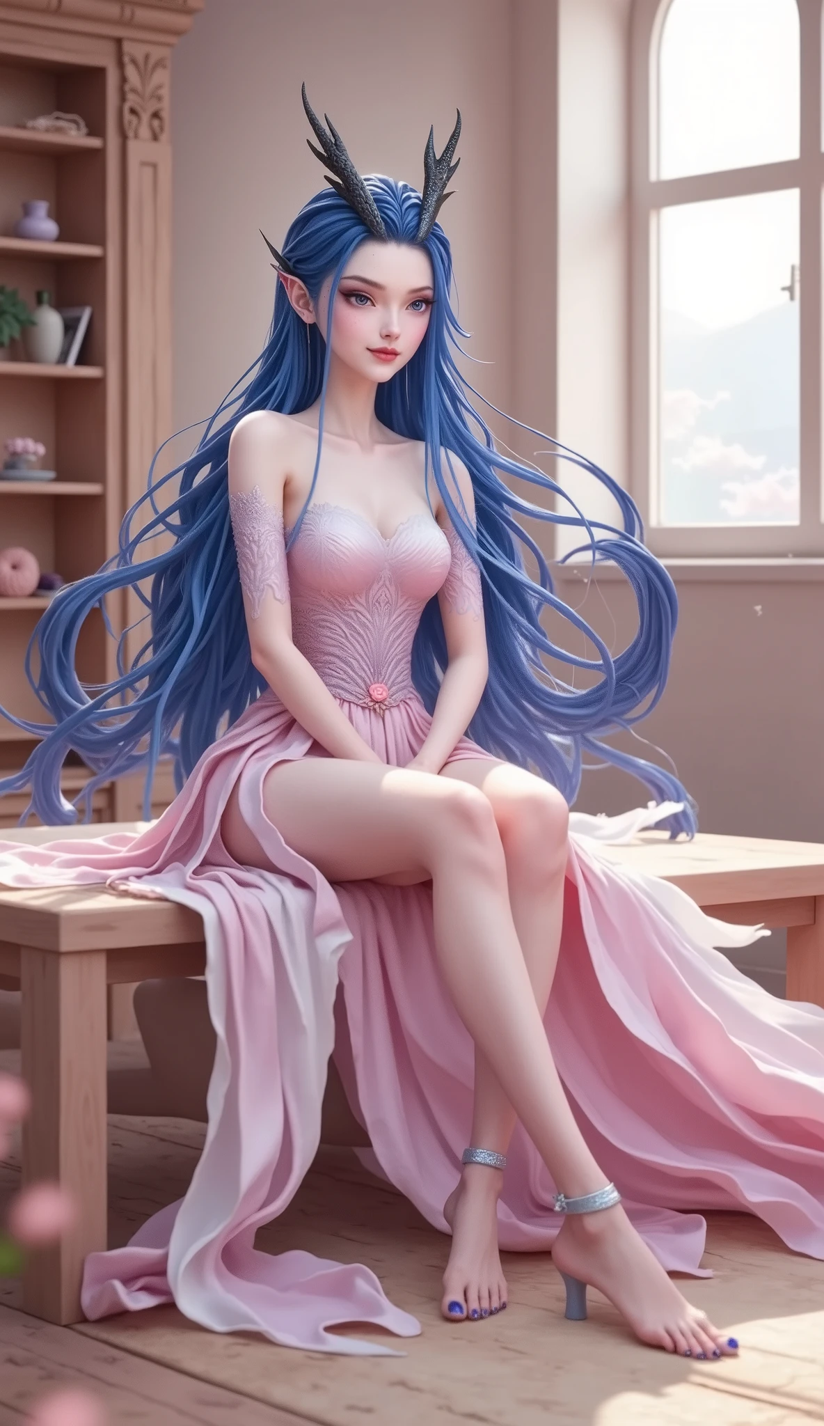 Dragon Girl,  unique ，  blue hair, 