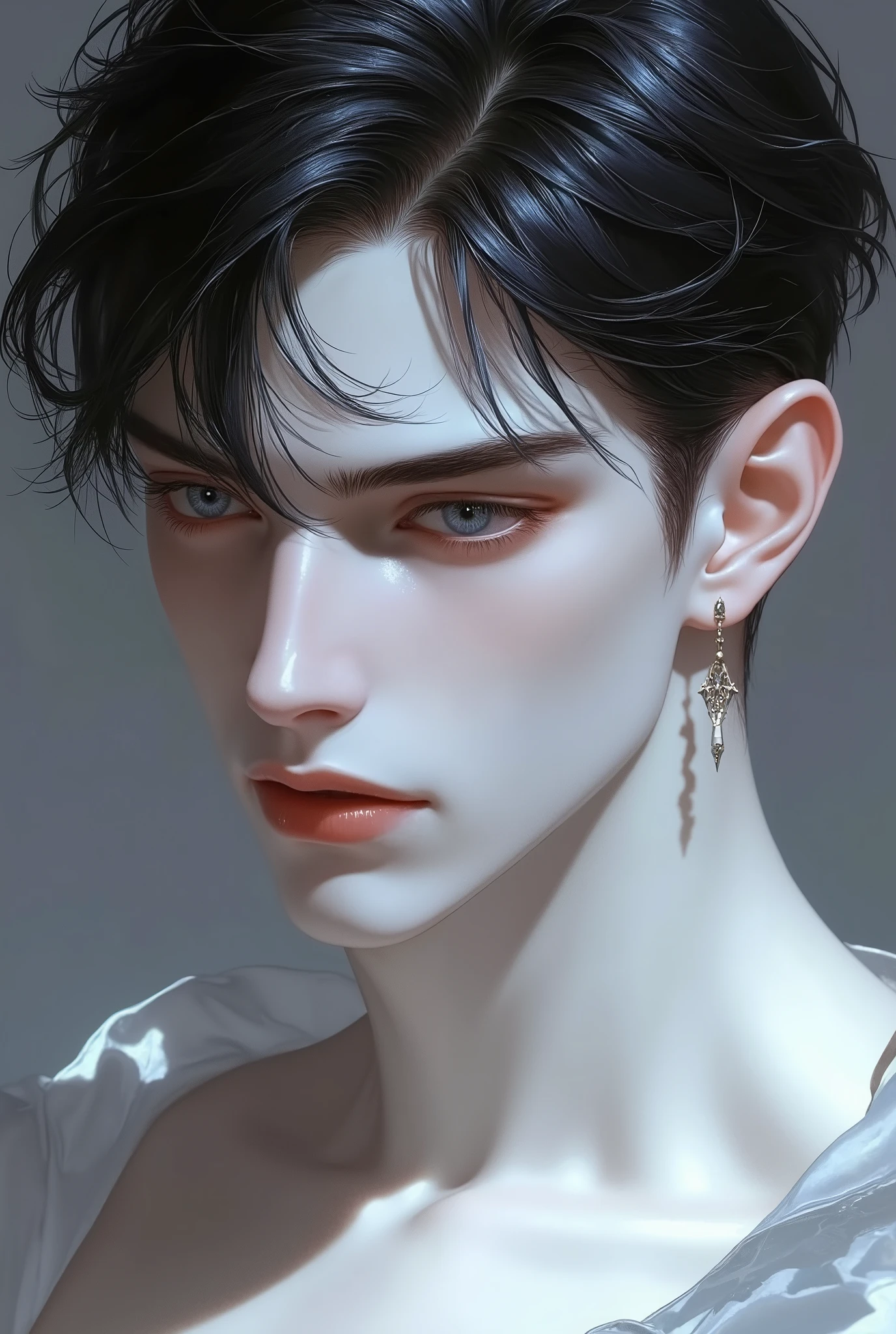 Young man, skin as white as snow, raven black hair, eyes sharp and as blue as sapphire, big red lips, defined jaw, slightly highlighted cheekbones, defined body